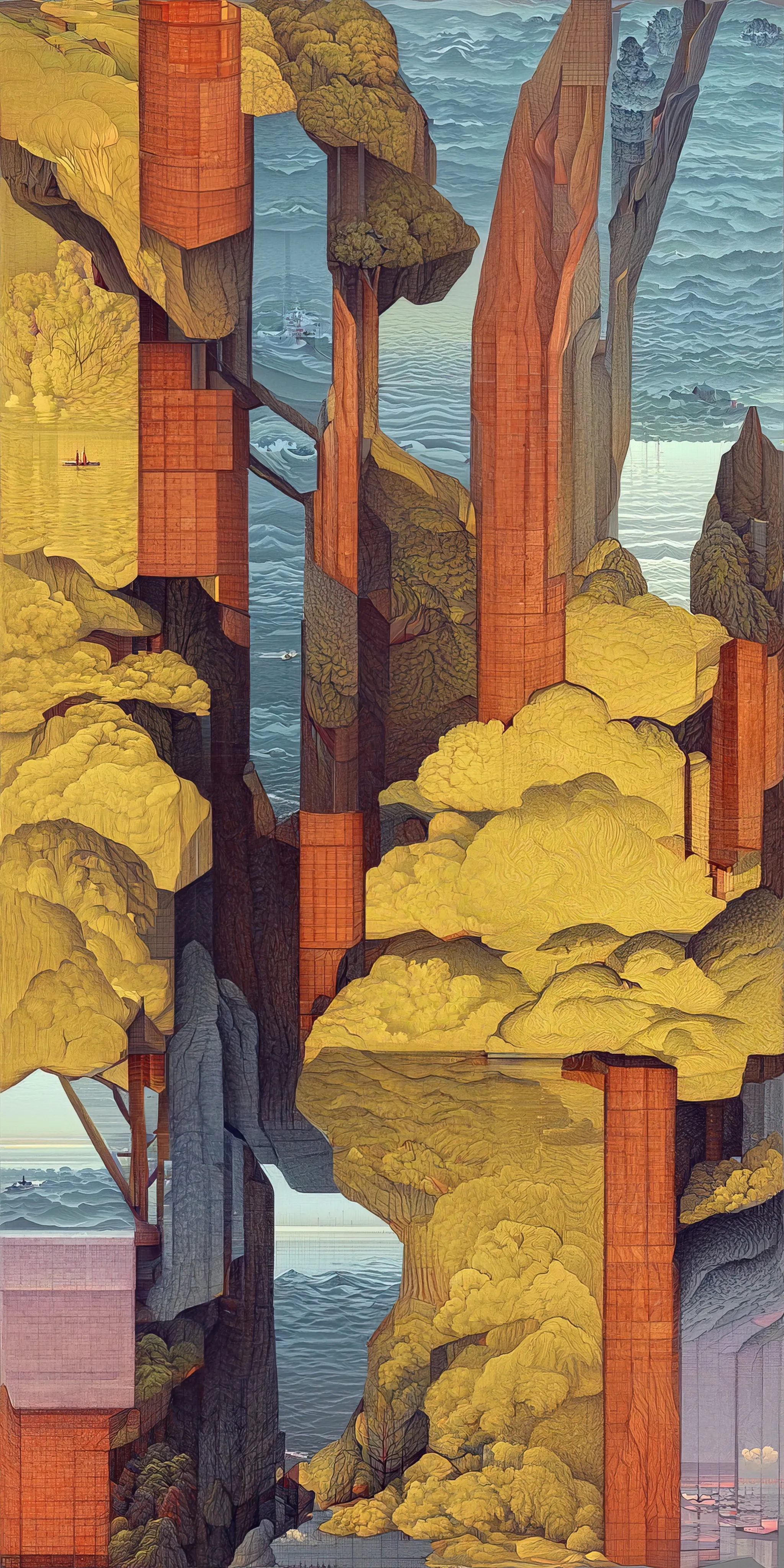 This collection of works is inspired by Hasui Kawase's woodblock prints and geometric abstraction.

Elegant landscapes deconvolve into a plethora of geometric elements. Pattern, line, and shape emerge while maintaining and conveying a nod to Hasui's original artwork.