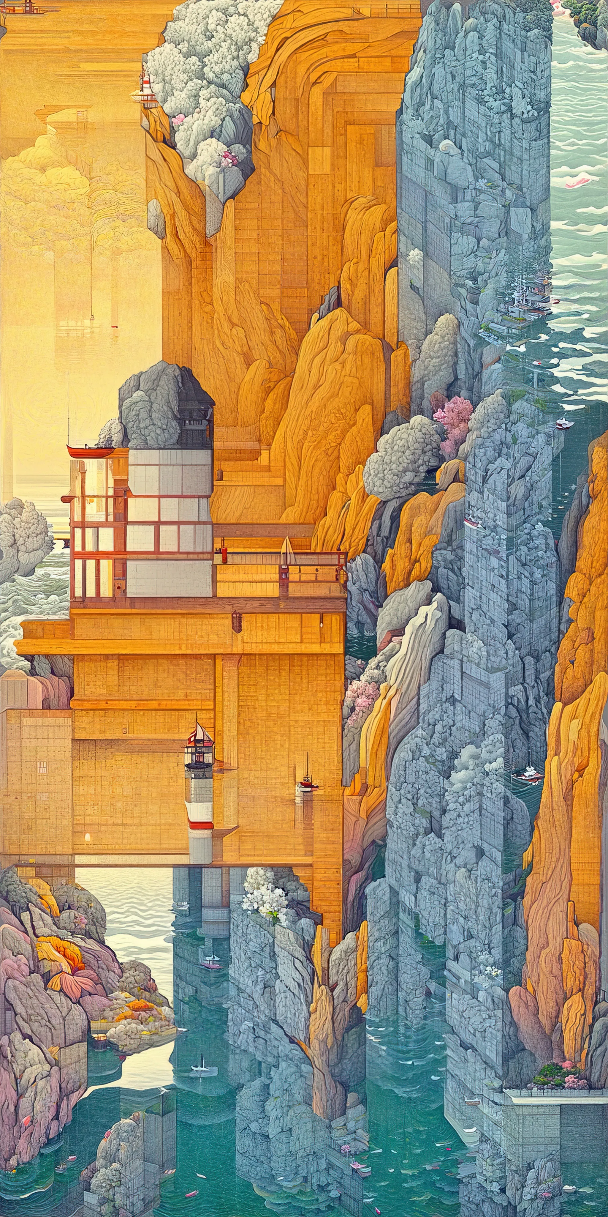 This collection of works is inspired by Hasui Kawase's woodblock prints and geometric abstraction.

Elegant landscapes deconvolve into a plethora of geometric elements. Pattern, line, and shape emerge while maintaining and conveying a nod to Hasui's original artwork.
