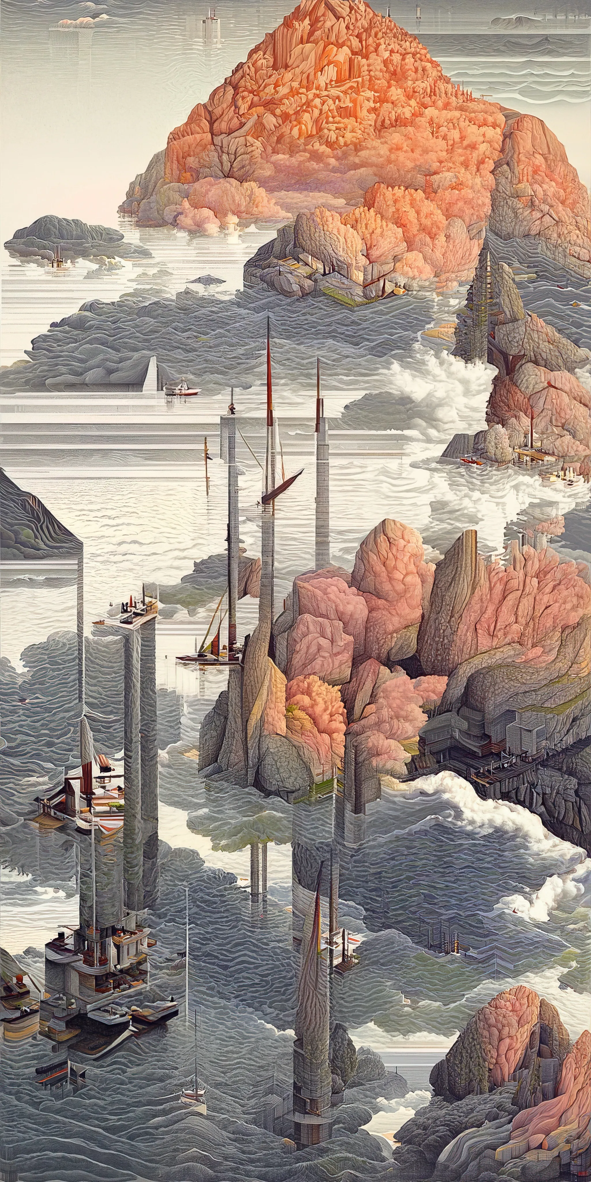 This collection of works is inspired by Hasui Kawase's woodblock prints and geometric abstraction.

Elegant landscapes deconvolve into a plethora of geometric elements. Pattern, line, and shape emerge while maintaining and conveying a nod to Hasui's original artwork.