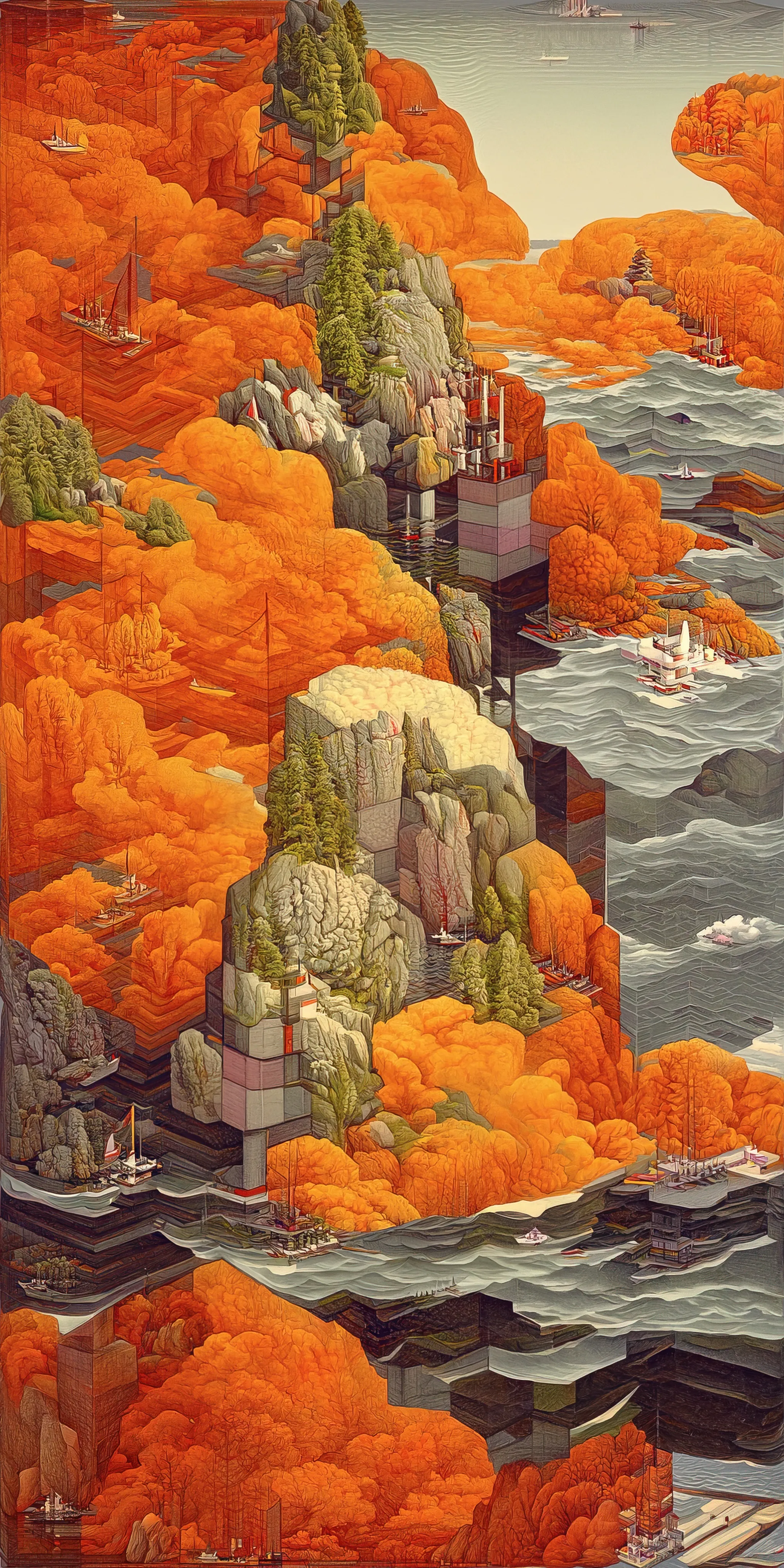 This collection of works is inspired by Hasui Kawase's woodblock prints and geometric abstraction.

Elegant landscapes deconvolve into a plethora of geometric elements. Pattern, line, and shape emerge while maintaining and conveying a nod to Hasui's original artwork.