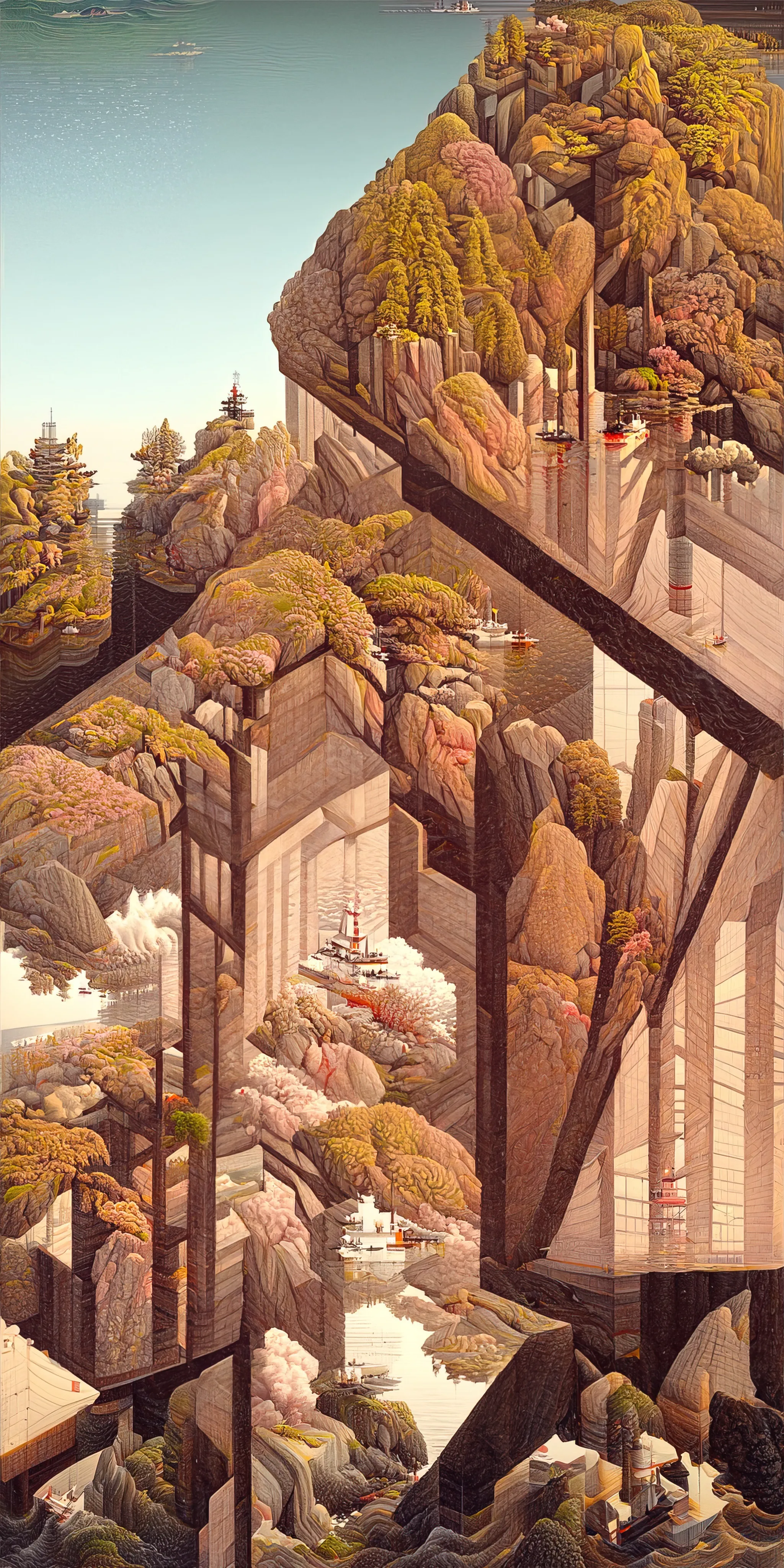 This collection of works is inspired by Hasui Kawase's woodblock prints and geometric abstraction.

Elegant landscapes deconvolve into a plethora of geometric elements. Pattern, line, and shape emerge while maintaining and conveying a nod to Hasui's original artwork.
