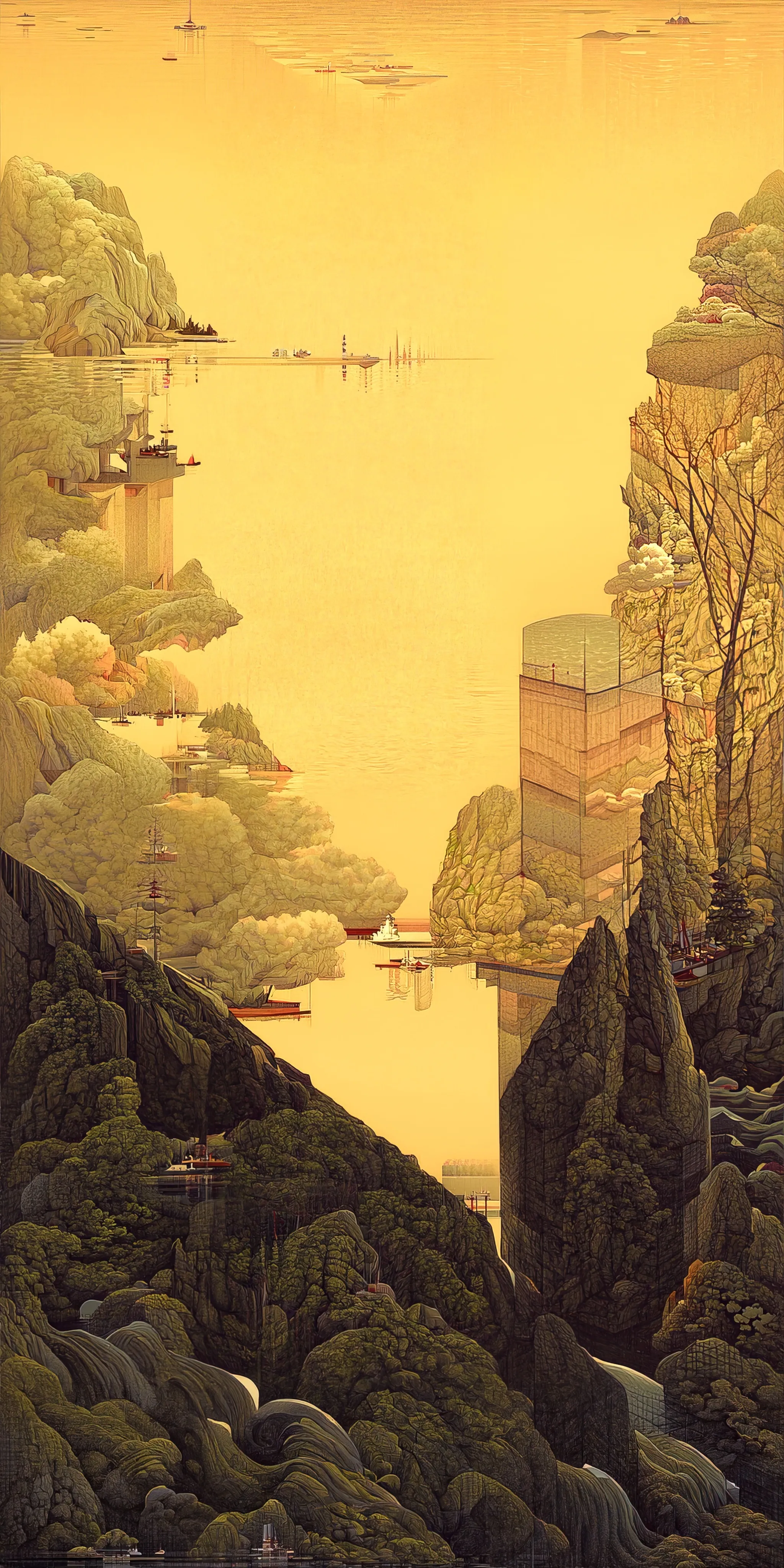 This collection of works is inspired by Hasui Kawase's woodblock prints and geometric abstraction.

Elegant landscapes deconvolve into a plethora of geometric elements. Pattern, line, and shape emerge while maintaining and conveying a nod to Hasui's original artwork.