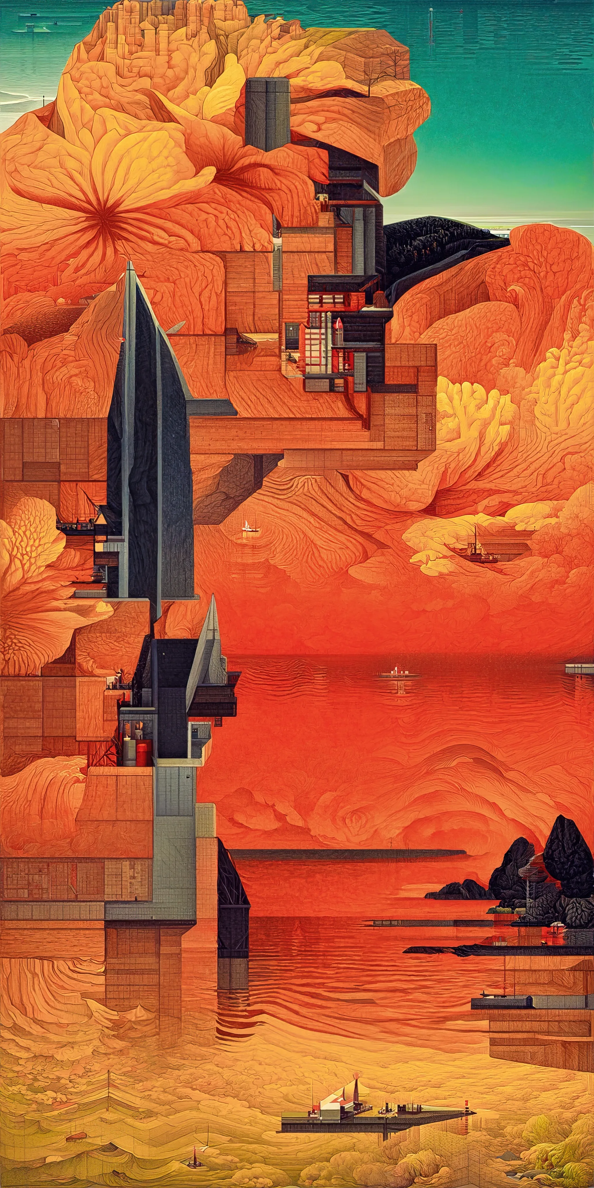 This collection of works is inspired by Hasui Kawase's woodblock prints and geometric abstraction.

Elegant landscapes deconvolve into a plethora of geometric elements. Pattern, line, and shape emerge while maintaining and conveying a nod to Hasui's original artwork.