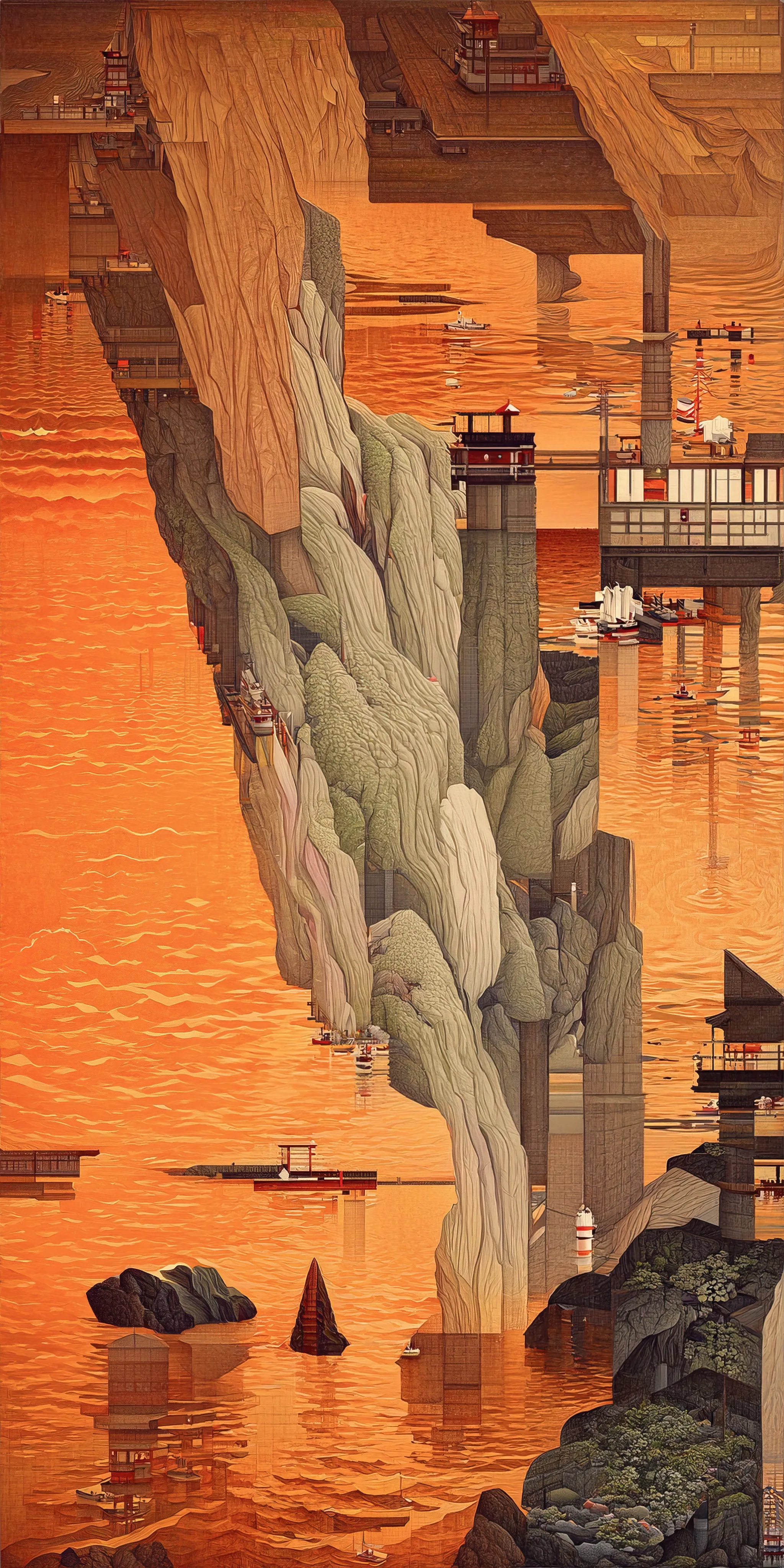 This collection of works is inspired by Hasui Kawase's woodblock prints and geometric abstraction.

Elegant landscapes deconvolve into a plethora of geometric elements. Pattern, line, and shape emerge while maintaining and conveying a nod to Hasui's original artwork.