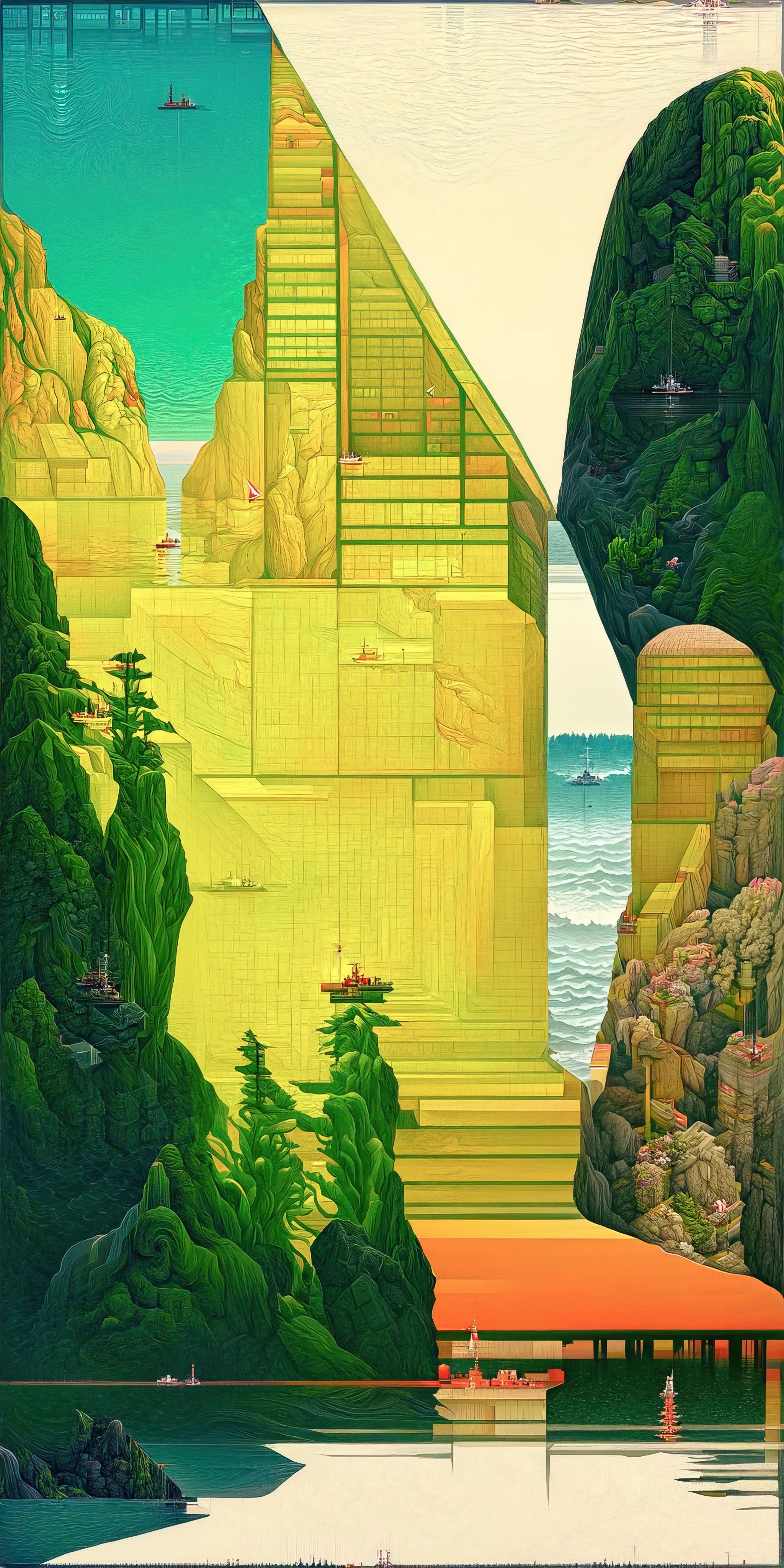 This collection of works is inspired by Hasui Kawase's woodblock prints and geometric abstraction.

Elegant landscapes deconvolve into a plethora of geometric elements. Pattern, line, and shape emerge while maintaining and conveying a nod to Hasui's original artwork.
