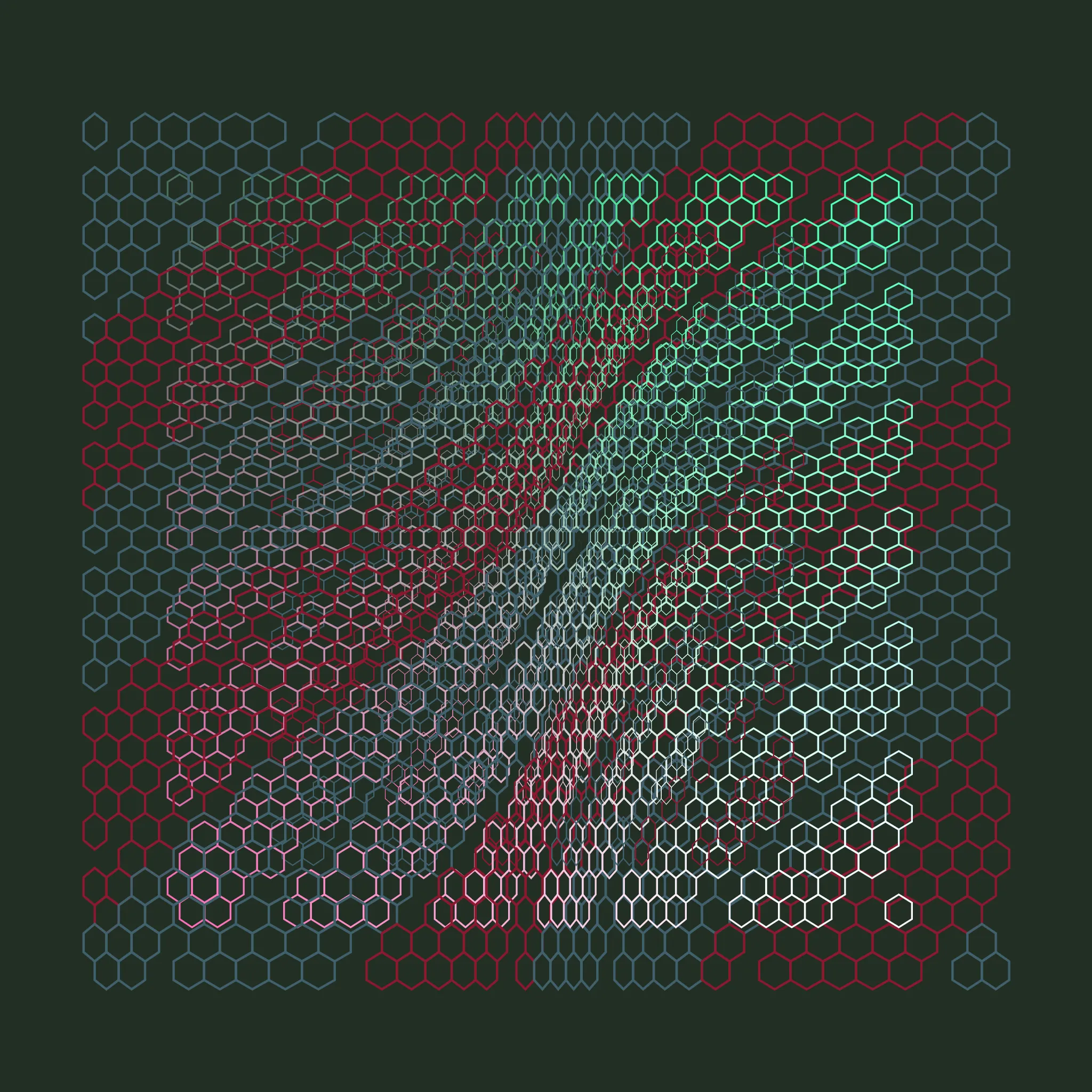 Harmonic variations of hexagonal grids, determined by the block number and its transactions.