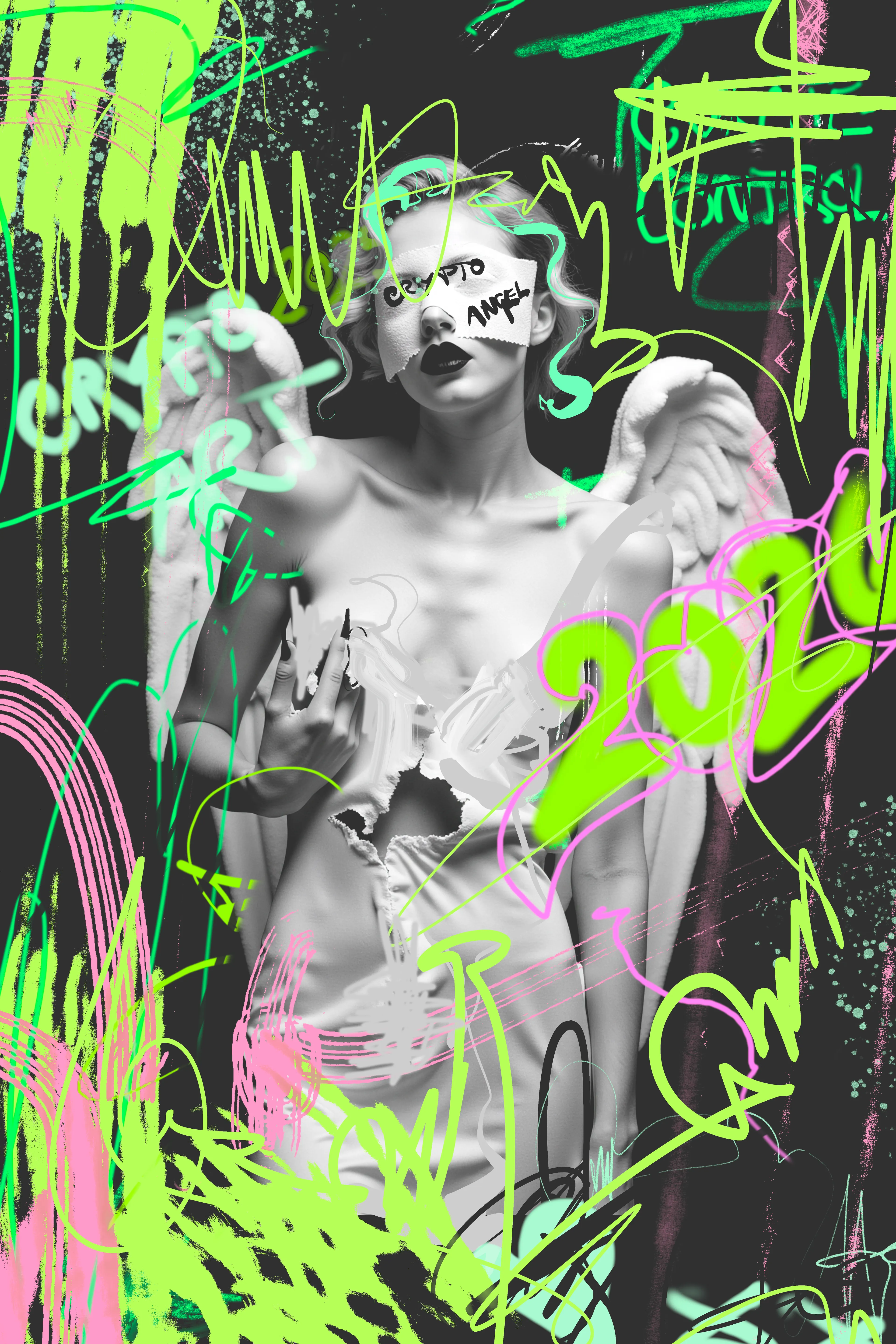 AUREA 26 appears at the end of the year.
An angel marked by green market graffiti, her form disrupted by neon gestures and on-chain scars.
Pink and yellow cut through the image like permissions granted and revoked.
Not innocence, but control.
A blessing encoded for the next cycle.