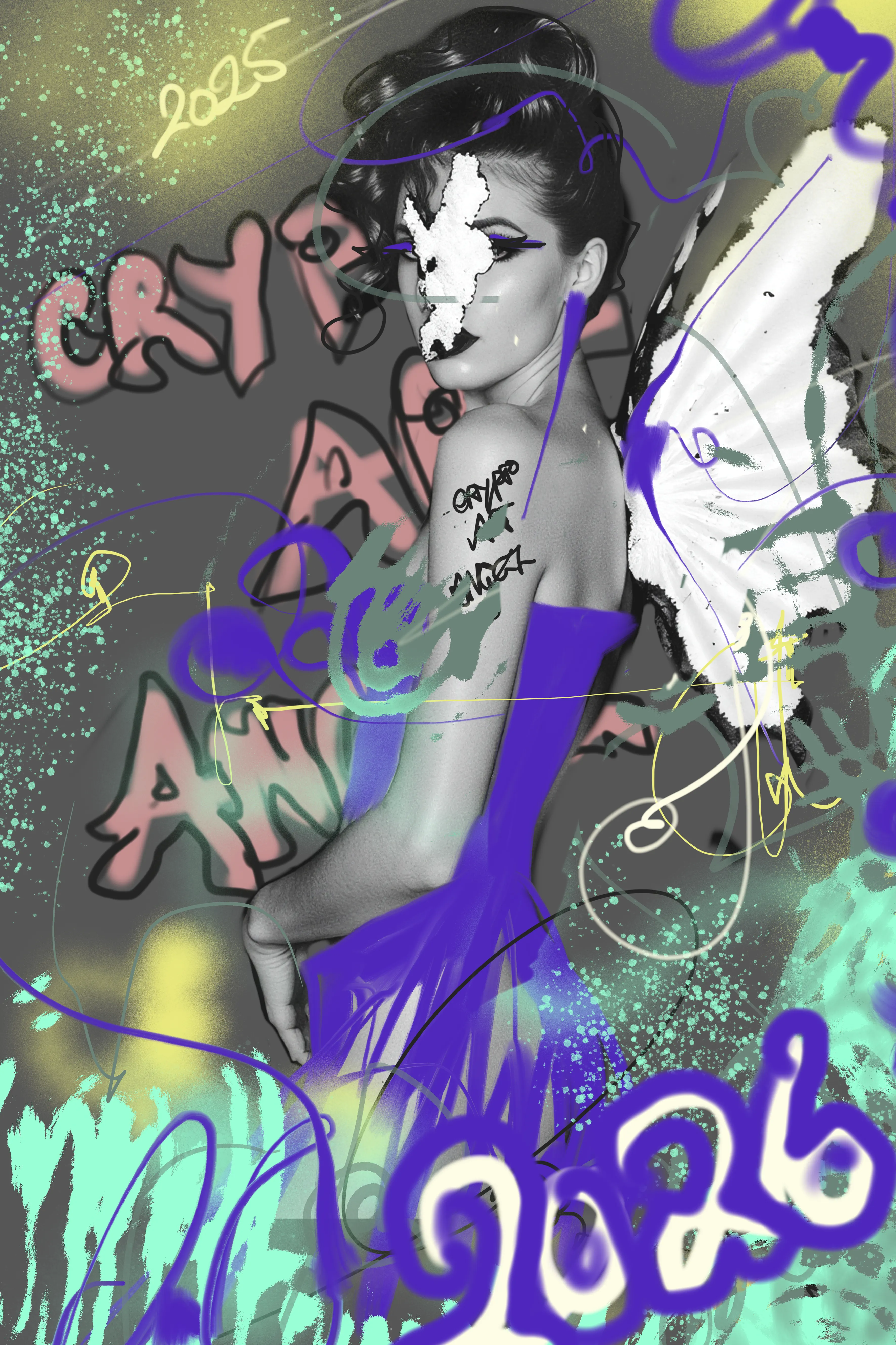 Custodia stands in guarded stillness.
An angel of holding, marked by restraint rather than release.
Graffiti scars, sealed wings, value kept close to the body.
She does not chase cycles.
She protects what endures.