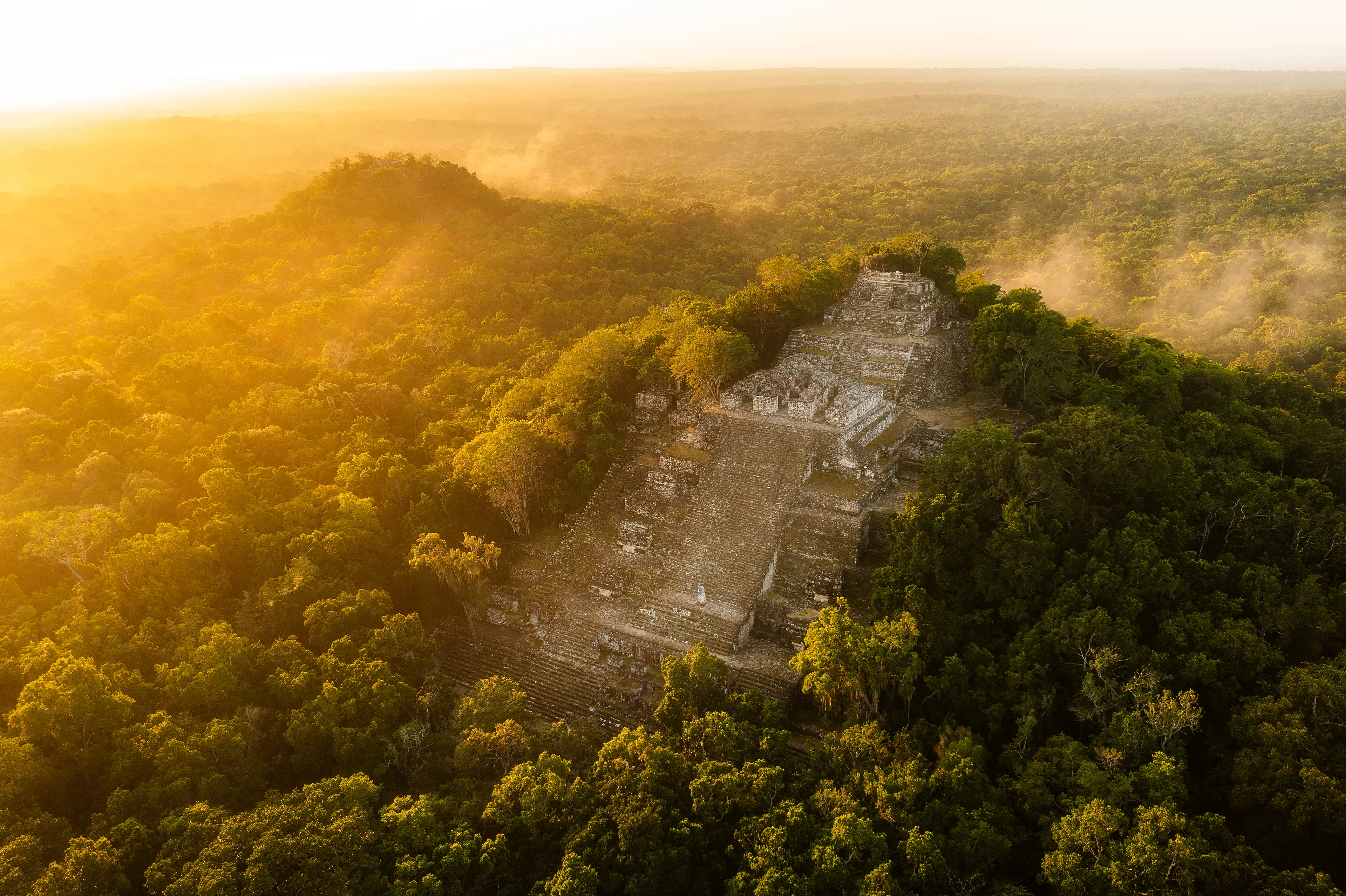 I breathe in. Sunlight streams through the canopy, releasing the dew of the evening into the air of dawn. Morning fog collides with stacked limestone. I take another breath.

Howler monkey calls echo in entropy as I sprint up the steps on all fours. Climb. Climb. Climb. One chance to do the jungle justice. A quick slip and the scrape of a knee. Get back up.

I reach the top and release my camera into the sky. 

The growth of the forest swallows the ruins. A civilization reclaimed by nature. Could our cities meet the same fortune? One day.
