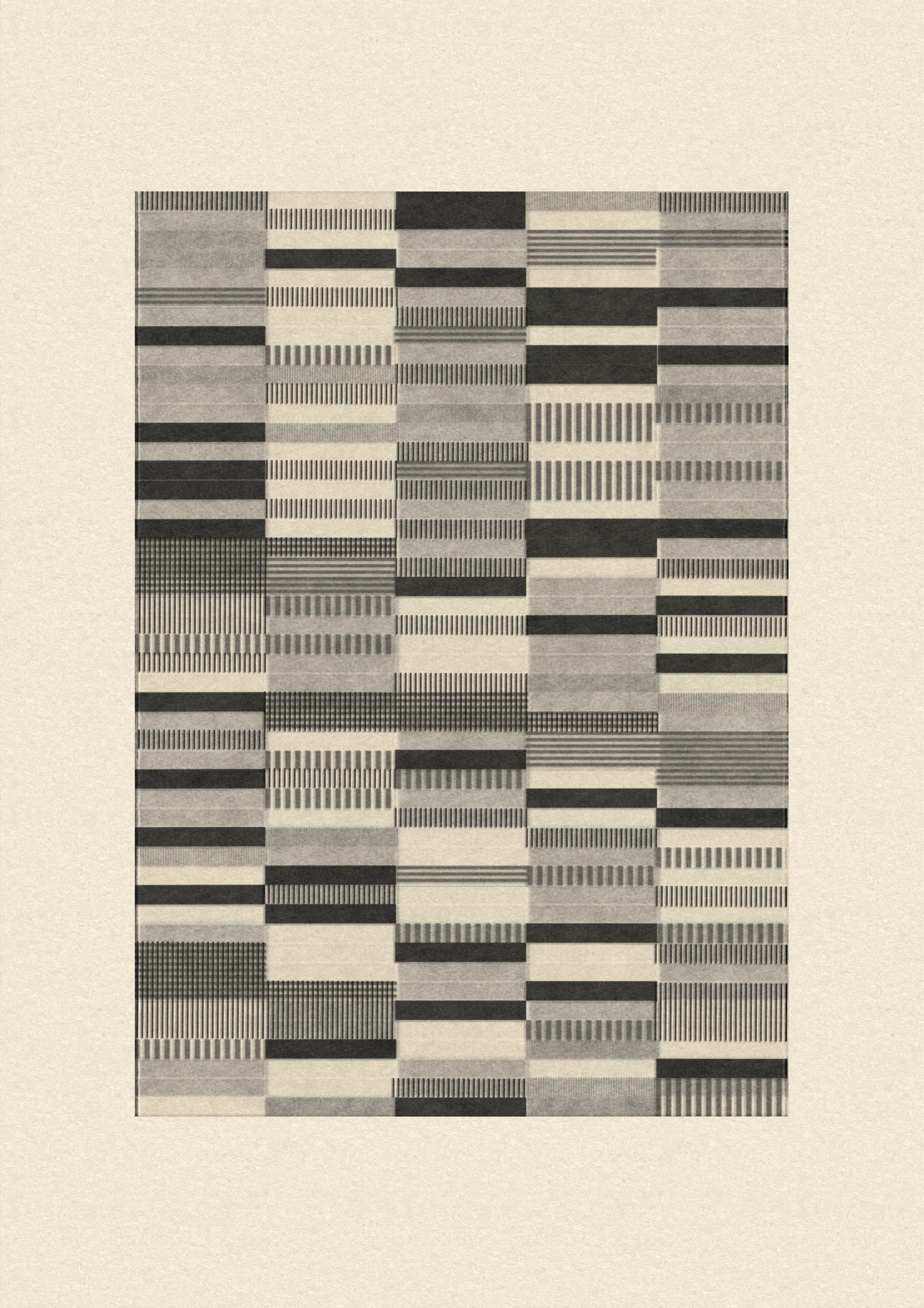 Inspired by the design work of Bauhaus textile artists such as Gunta Stölzl, Anni and Josef Albers, 'Lebras' combines the proportions of both the Silver and Golden Ratios (1.414:1 and 1.618:1 respectively) to create a versatile five-column grid, within which unique compositions are formed.

Shibuya in Tokyo, Japan is famous for one of the world's busiest crossings. As this piece makes use of  transparency and overlaps of lines heading in different directions, it is named after the same crossing.