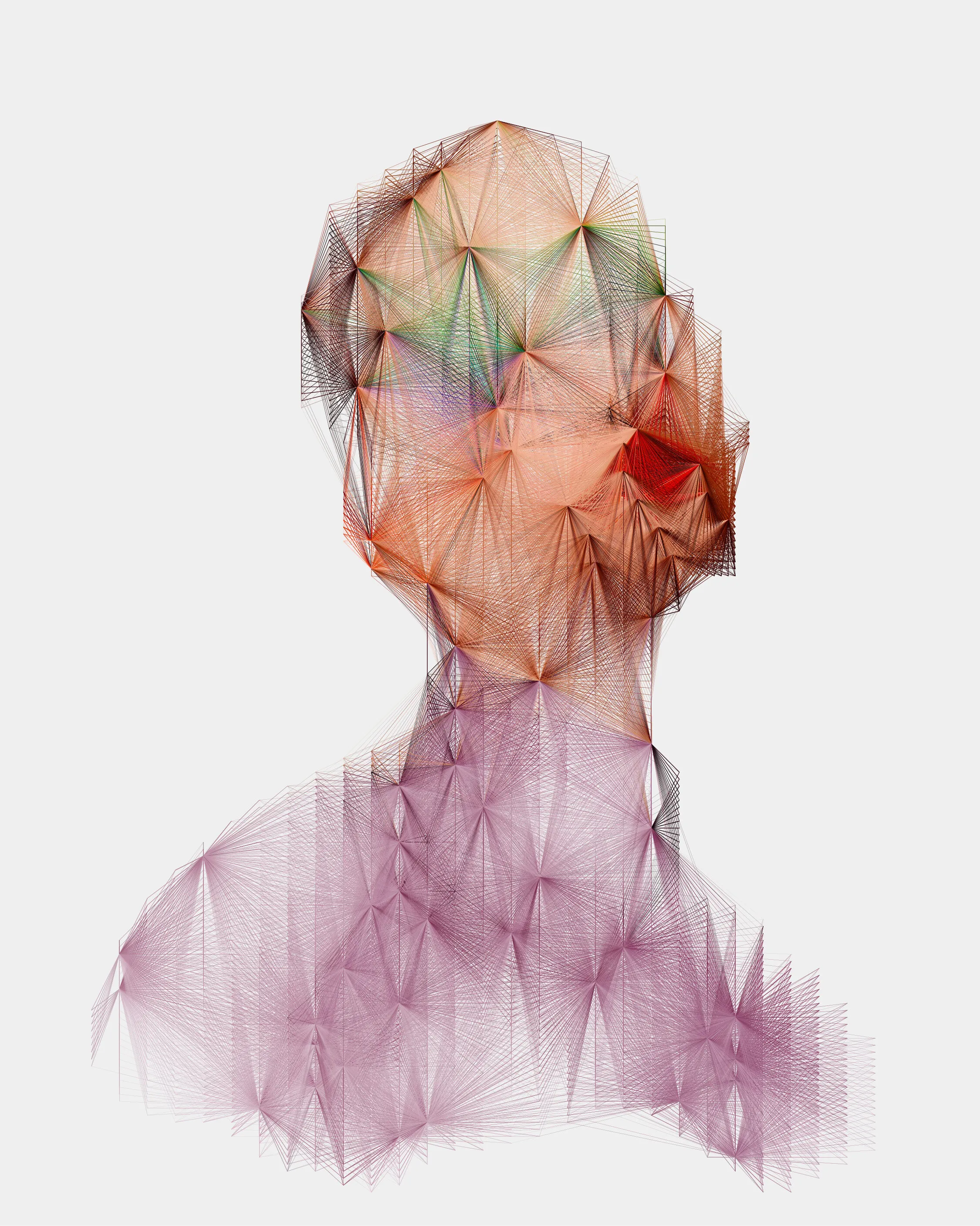 This unique portrait is from the series 'alternatives'. A series of 100 generatively created portraits using Javascript and sourced images. 'alternatives' was first exhibited in a solo show at Kate Vass Galerie in 2019, curated by Jason Bailey.