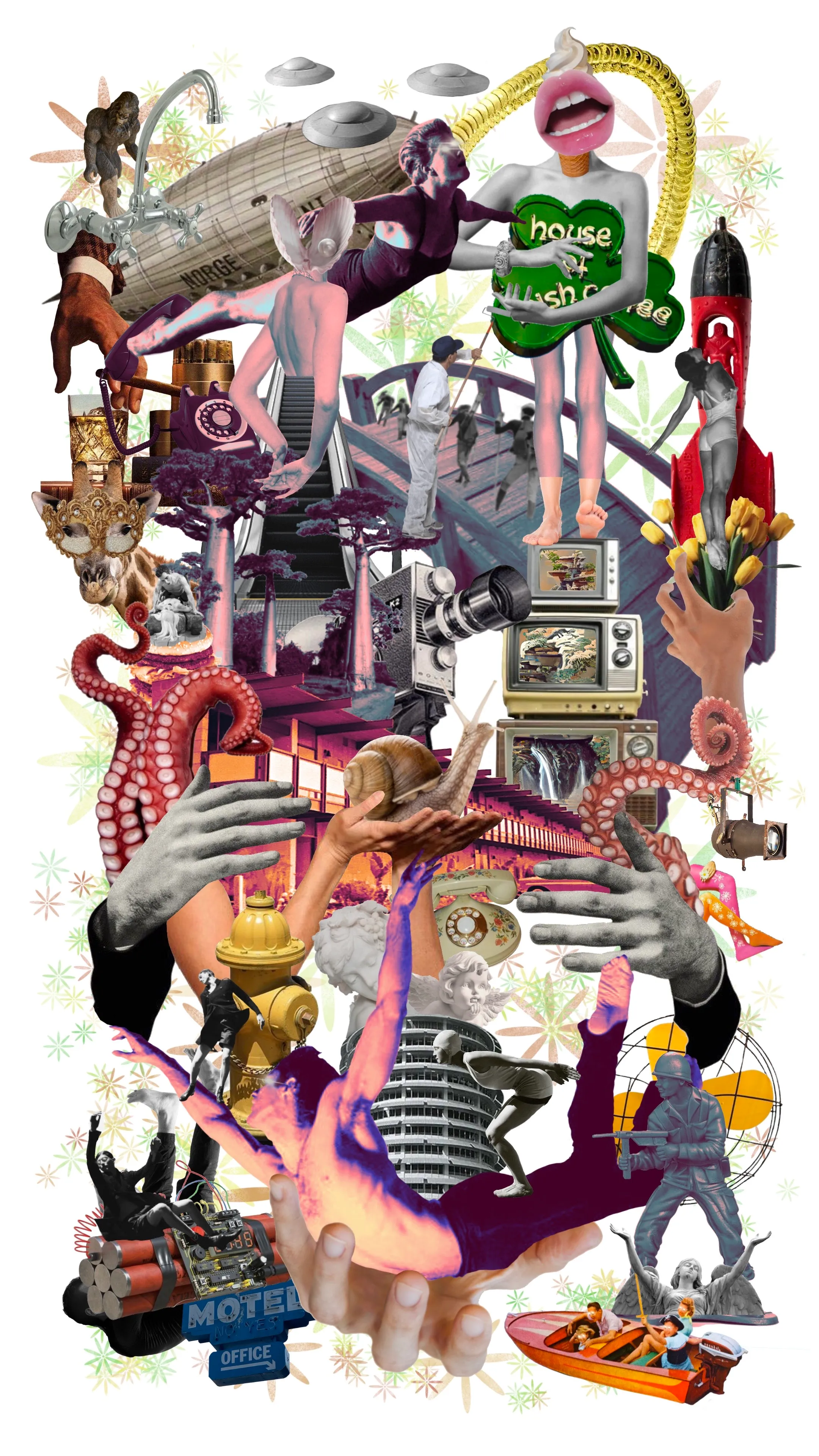 "Magic to Make the Sanest Man Go Mad" - Rebecca Rose - Digital Collage NFT - Single Plane Hologram - 1/1 - 2022 - XXXII. Dimensions: 3840 x 2160. What's down is up. What's unusual is usual. Perception is everything yet nothing. A time loop exists but on what plane? Is the past returning while we build the future? Are paradigms from long ago seeping into the new world we're building? This piece was created for Modern Eden Gallery's exhibition "100 Trees" shown in San Francisco in April 2022. My works are digital collages influenced by vintage and includes hidden GAN generated elements. Breathing new life and thrusting them with retroactive effect and force into our present day. A lingering taste of what once was, and what could still be while challenging concepts of our shared human experience. This piece is compatible and optimized for a PORTO Hologram unit as well as traditional digital displays. The work is accompanied by additional certification on the ethereum blockchain through Verisart. American Artist Rebecca Rose is an award winning sculptor, painter, and hologram creator whose body of work has been awarded multiple artist grants co-sponsored by The Robert Rauschenberg Foundation, The Andy Warhol Foundation, The Willem de Kooning Foundation, The Andrew Mellon Foundation, The Joan Mitchell Foundation, and Bloomberg Philanthropic.