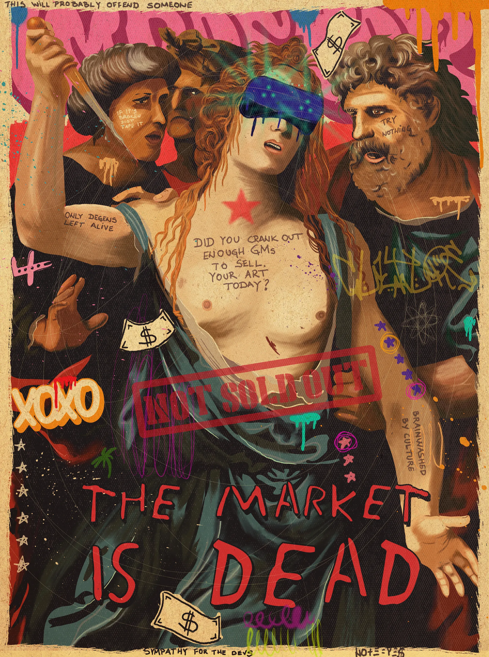 The Market Is Dead is inspired by the painting The Death Of Lucretia created by Giovanni Antonio Bazzi and the story of the noble woman's fate which lead to the transformation of Rome. 

It questions the cruel effects of the bear market on artists' existence and creative power.

Lucretia's rape and suicide lead to the start of the Roman Republic.
Does crypto art have the power to transform the pain into a revolution of culture and art world?
Or is it forced to plunge a knife into its breast and bow to the state of the market?