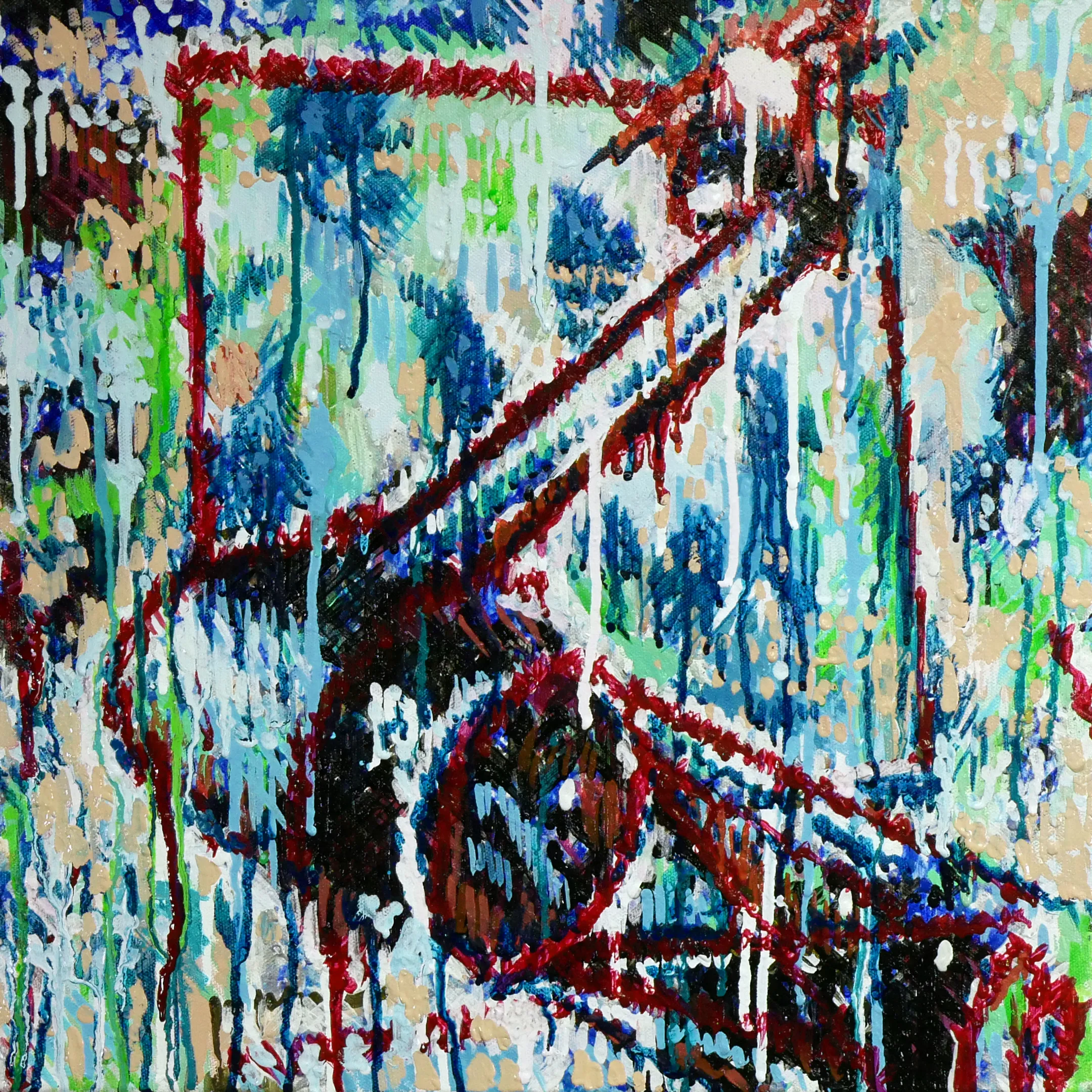 Self-portrait by one of my painting robots. While it is a self-portrait, the robotic arm really doesn't have a self. It is programmed with a fair amount of my creativity, however... so maybe something is happening in there.