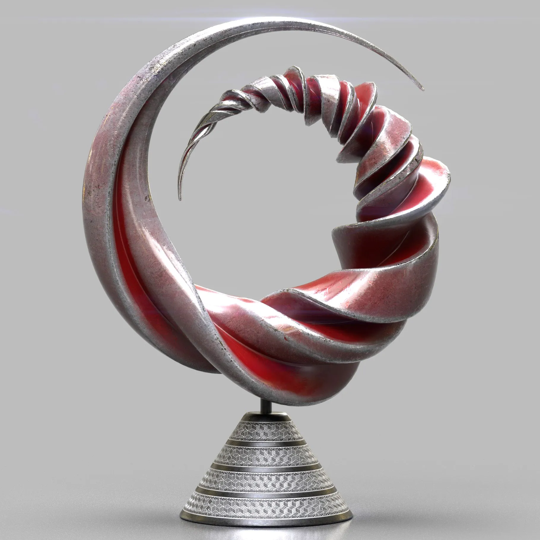The Virtual sculpture "Delicate Twist" is part of ongoing concepts exploring dynamic and intertwined forms in space // About the Series: Though many of the works spark the desire to obtain and possess them, they are often skillful, nonphysical creations of a fantasy, much as others that seem to be confined to digital space are in reality massive physical creations in stone, wood or metal // Intended for painted and engraved steel // 4K texture // Signed by the Artist 