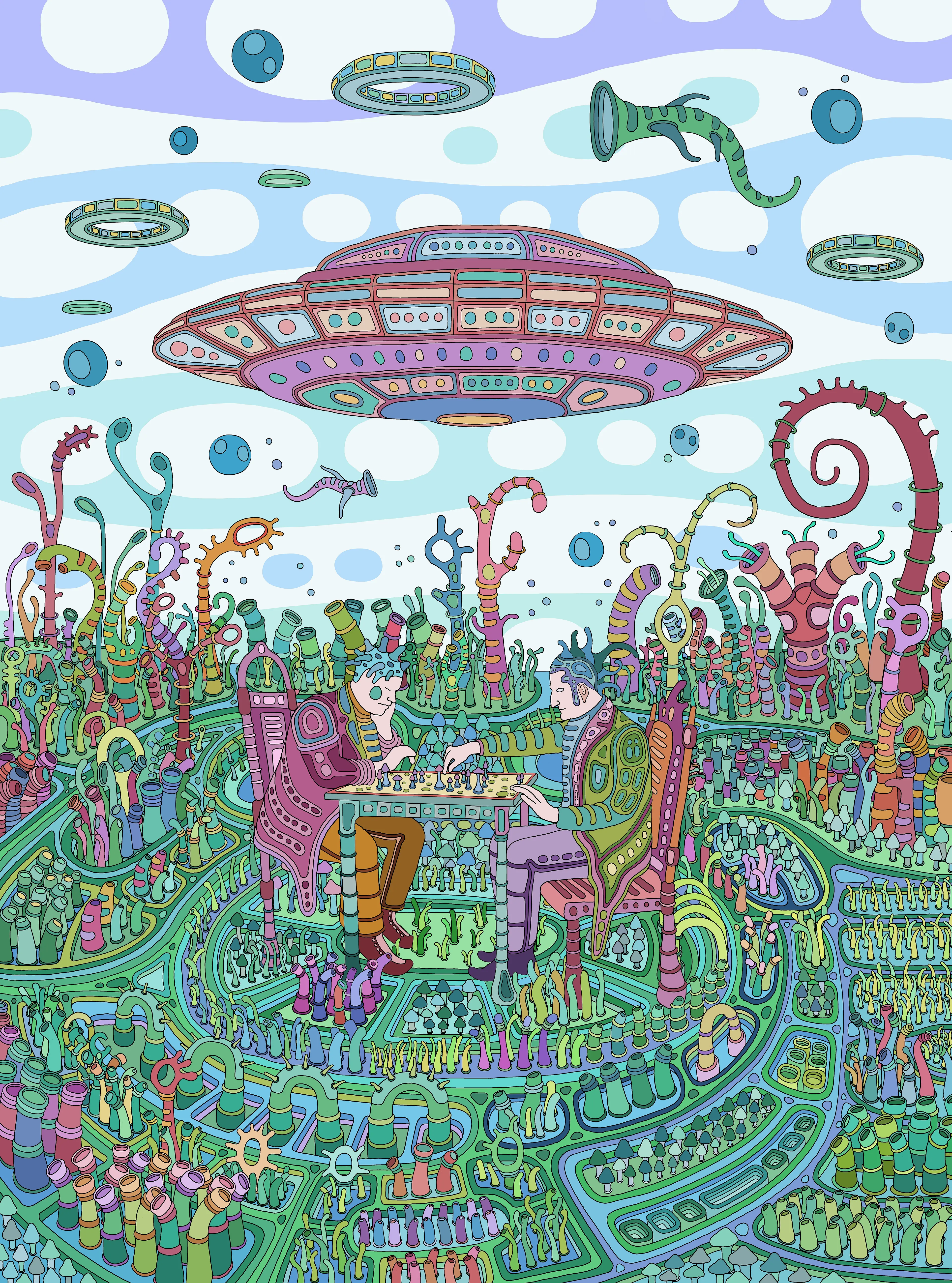 This is the story of prodigal friends
A complex encounter which starts where it ends
A labyrinth of thinking, all ladders and snakes
One sleeps every move, while the other awakes

One of these men had a maze in his mind
The other connected to all things outside
Their energy flows in the tricks that they play
Each of them experts in opposite ways

First the mycologist, mushrooms and mould
He reads his opponent, then looks to his soul
Then Mathematician, equations sublime
Puzzling his foe as he travels through time

Organic in nature, they journey so far
Seeking their clues in the dust of the stars
Unlocking all secrets and cosmic laws
Solving all riddles, unlocking all doors