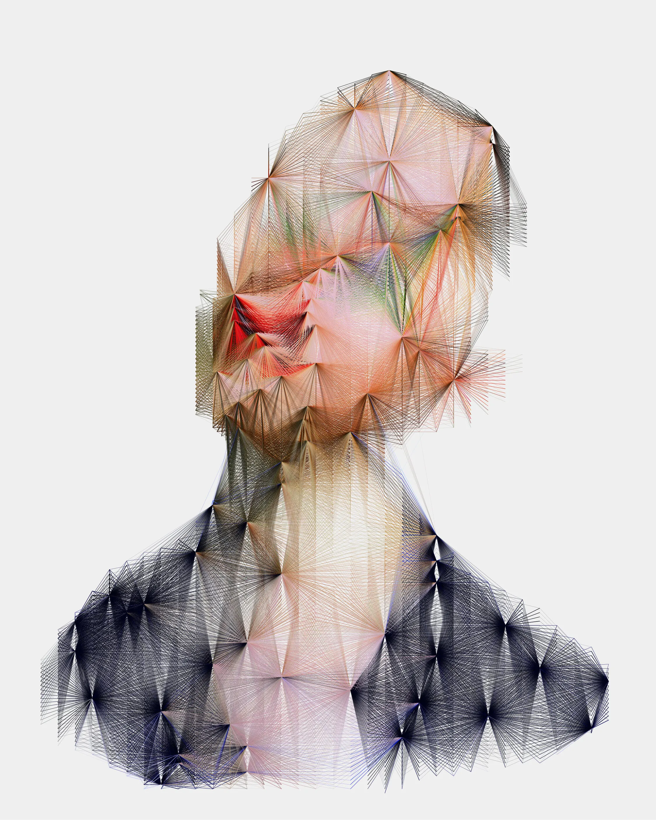 This unique portrait is from the series 'alternatives'. A series of 100 generatively created portraits using only Javascript and sourced images. The series was exhibited in a solo show at Kate Vass Galerie 2019, curated by Jason Bailey.