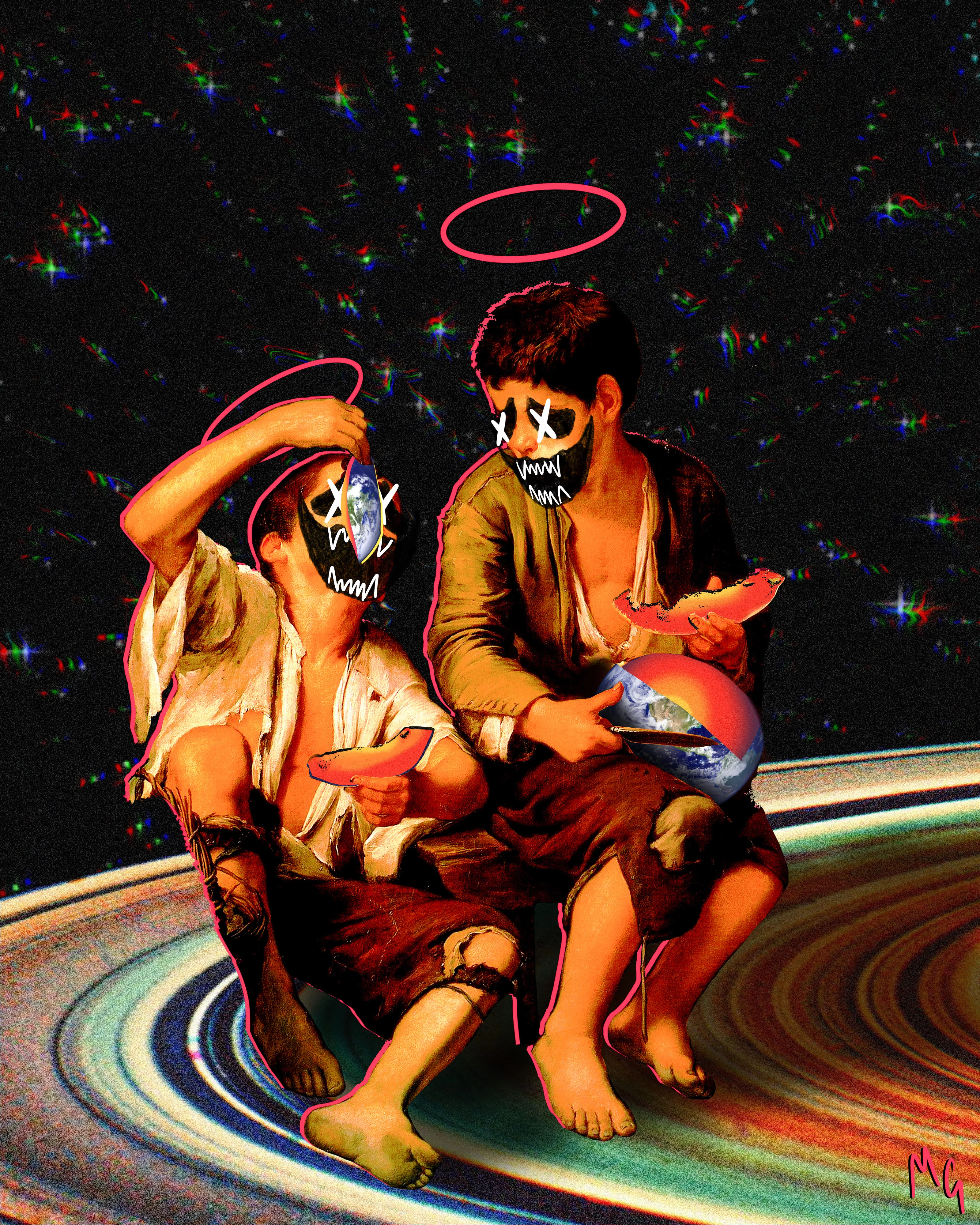 A psychedelic collage based on the painting “Two Children Eating a Melon and Grapes” by Bartolome Esteban Murillo. The kids who were once sitting in a mundane nature, sharing fruit, are now space demons sharing Earth as a snack.