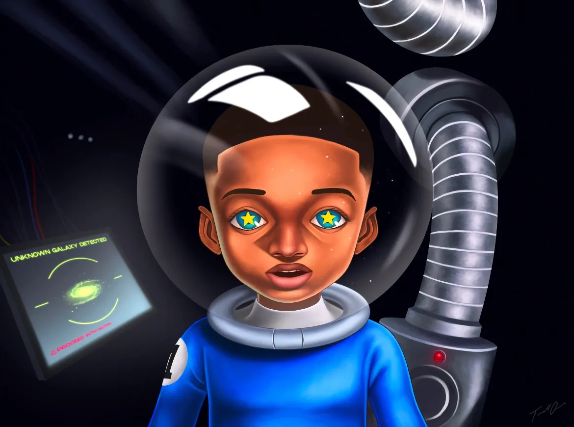 The Space Boy mini-series is the first installment of the Wonder half of the ‘Joy & Wonder’ series. The ‘Joy’ half and the ‘Wonder’ half each have their own distinct feel.



The ‘Joy’ portion of the series is inspired by nostalgic feelings and bringing more black joy in art. I want these pieces to heal and make people feel good instantly just by looking at them.



The ‘Wonder’ pieces are inspired by children’s imaginations being so vast and uncorrupted like ours are. Going through life, we get told things aren’t possible and we then, lose our flame. But children often think anything is possible. I want to explore my inner child and everyone else’s along the way and find that flame again.



The Space Boy series embodies the meaning behind the ‘Wonder’ side. Anything is possible through imagination. 




‘Space Boy: The Voyage’ represents actualization. The moment when dreams and reality are indistinguishable. The world is ours. It’s also about getting to the top and realizing it’s not the top at all. It’s lonely but there’s still so much more out there.