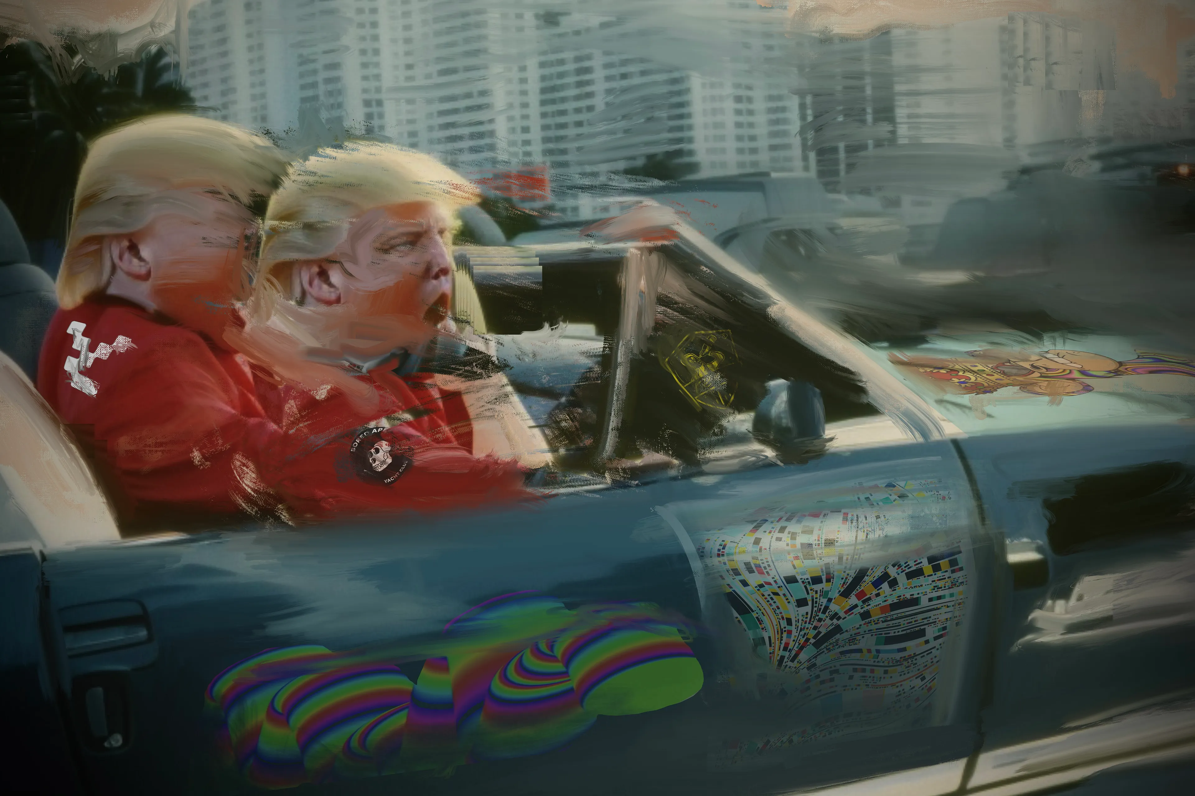 Flash Gordon and the PFP Cabriolet, Miami I MEGA DROP CORP I Painting I Circa 2023  