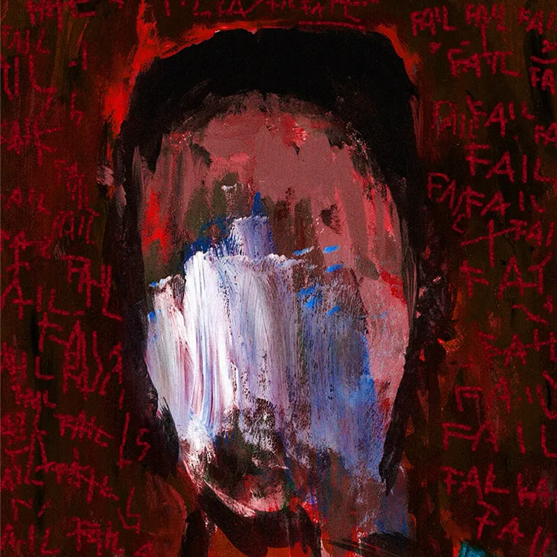 The figure in this piece appears to be staring out directly at its audience, somehow capturing our attention and eye contact without any obvious markers to entice us. Instead of being met with a face to read and contemplate, we are faced with a blur of colour in a downward motion, making the figure appear heavy and burdened. This is further emphasised by the deep, cavernous red of the kinetic background.
The figure, despite being absorbed within their own world, invites us in to get an intimate perspective of their experience. This is even more prevalent with the use of text which fills the background. When repeated, the text appears to mimic voices from the outer world as its meaning dissipates through semantic satiation. 
Chloe Diamond, curator at Mocda
