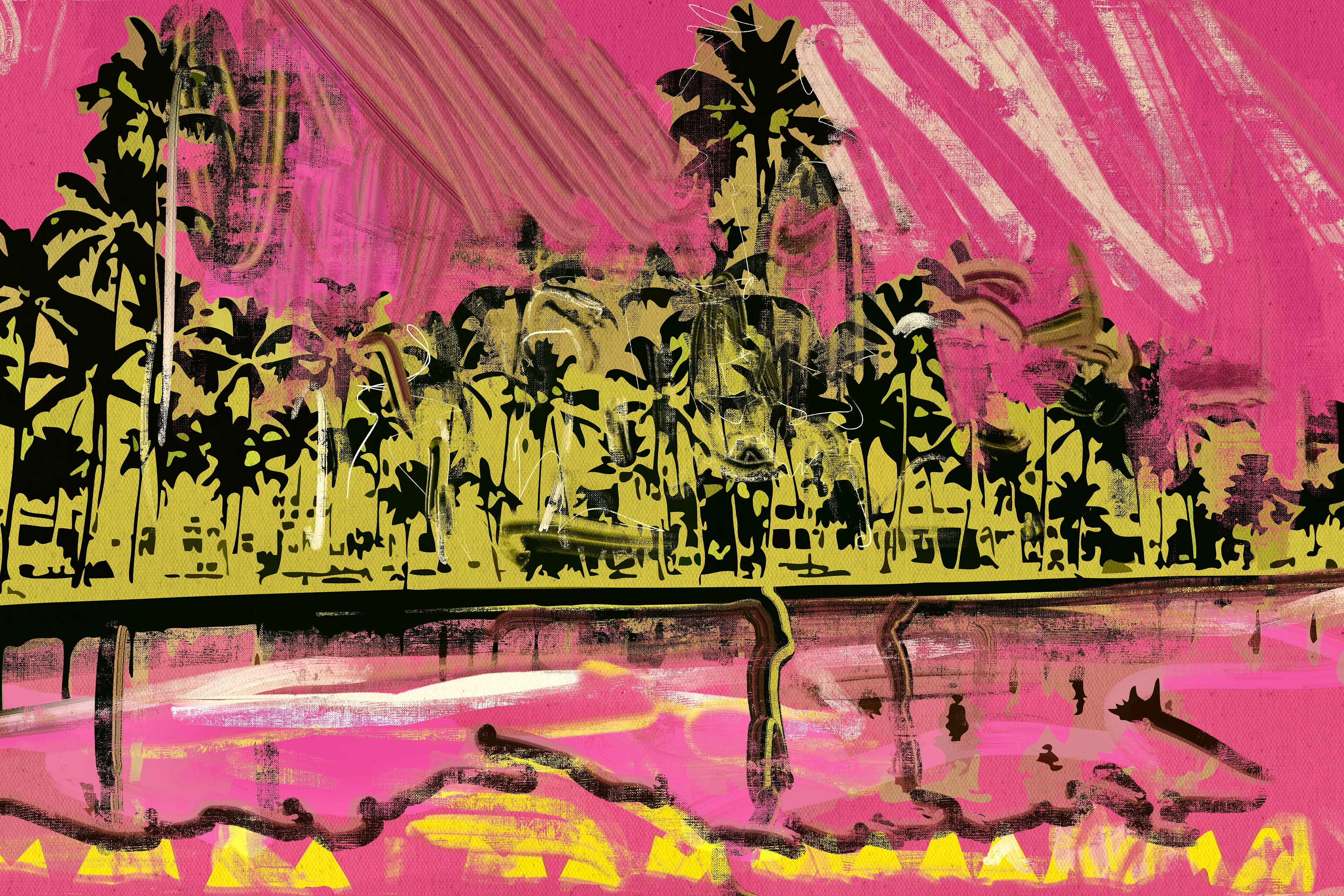 MIAMI 85 - From the MEGA DROP CORP history vault we are proud to release a collection of 1/1 digitized screen prints on canvas to coincide with Art Basel Miami 2022. Each artwork is a lush, saturated, abstract depiction of "The Magic City".