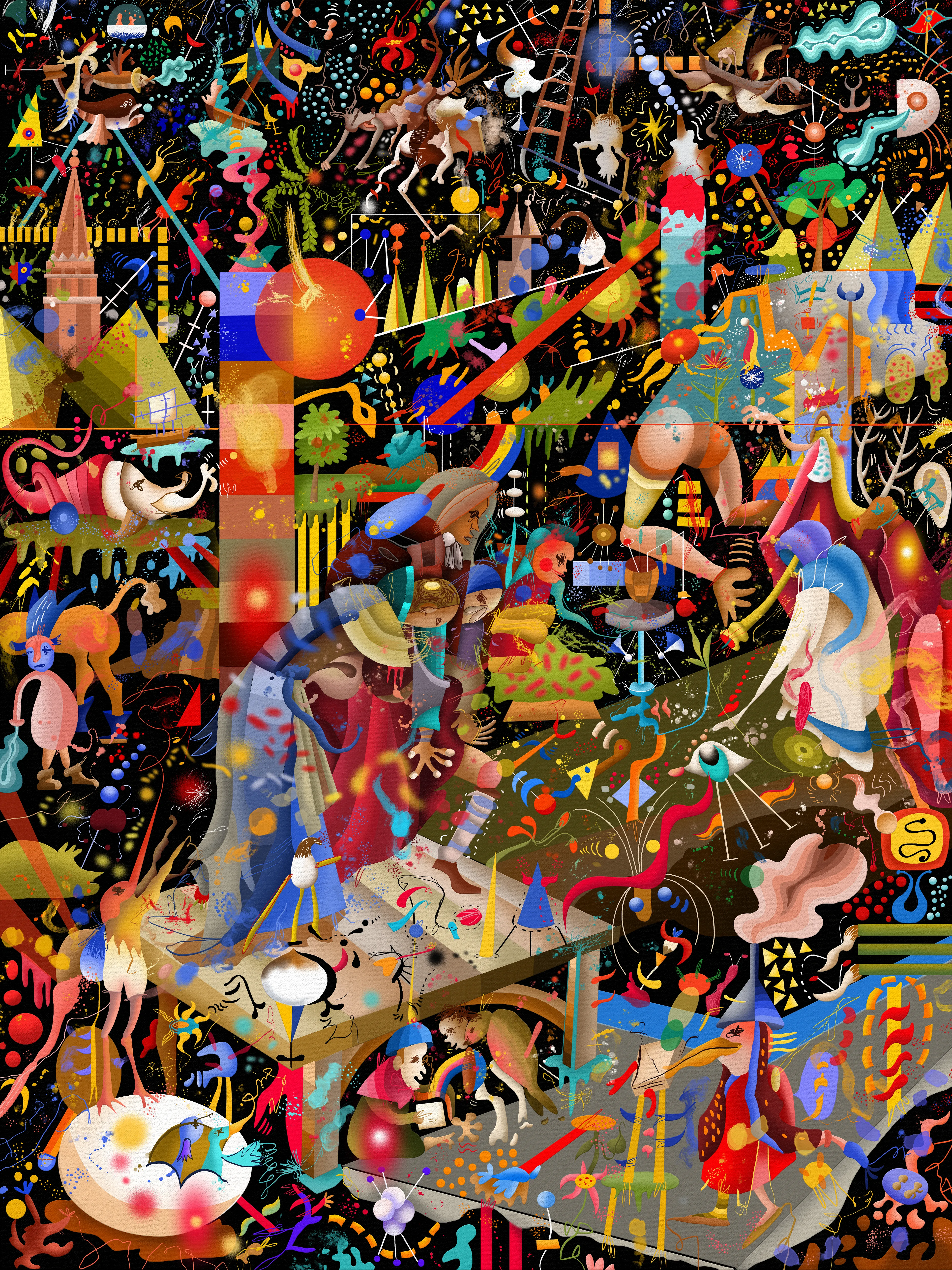 Here I have digitally recreated Bosch's art by abstracting forms without the use of AI questioning the original message by bringing it to our present using post contemporary tools. My purpose is transforming the visual and conceptual experience of the original artwork using technology as a substitute of oil painting. Images, characters and symbols tear apart, melt and transform as much as its meaning. Everything is disarticulated and gets dismembered leaving behind the moralist and religious message the original painting used to transmit several centuries ago. What we have instead is a number of grafisms, geometric and organic forms, stains, drippings and digital resources we use in present time, they are an invitation to reflect about how much the world has changed, human behaviors, the importance of religion and the place it occupies in our lives.
It’s a very complex painting beside its meaning, composing with an open color palette without losing balance it's a huge challenge.

