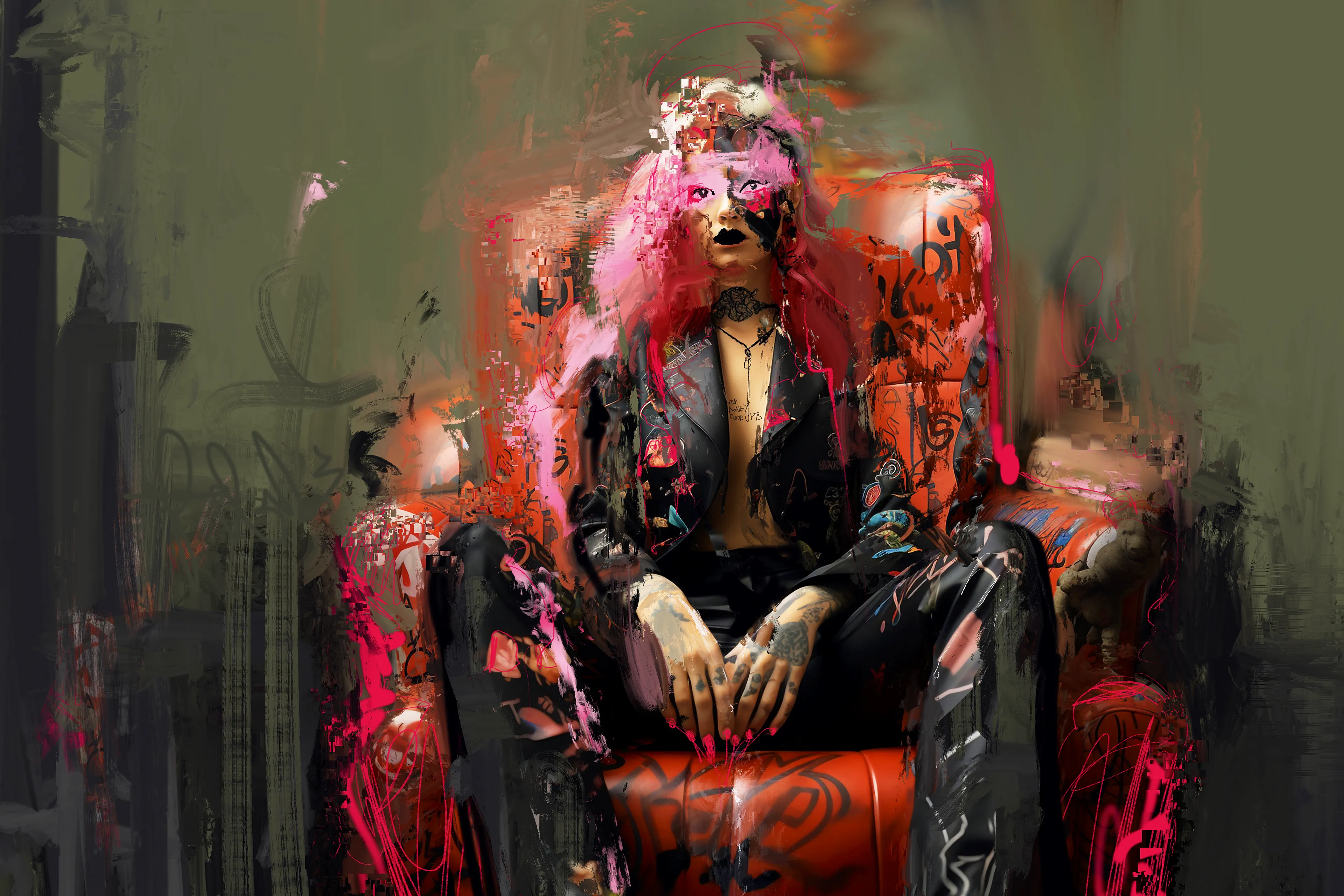 "The Tattoo Artist sits watching you from her Tokyo leather throne. She's no wallflower; this modern day oracle is a powerhouse, her striking aura pixelated in a thousand hues. Dressed with abstraction, her pink mask is a tightrope walk between seduction and secrecy.

She is contained in a claustrophobic pictorial space; the oversized chair her realm but also underlines the psychological intensity of the composition. She watches you intently, searching for an imprint of your soul that she can tattoo onto your skin forever."

Digital painting and AI, Miss AL Simpson, 2023.

Part of the Tokyo Pixelations 東京ピクセル化 series.