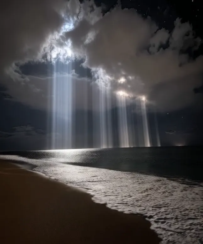Tonight, the sky was performing.

Great, silent columns of light pierced the cloud cover, plunging towards the black water like ethereal anchors. They weren't harsh like spotlights, but soft, luminous, as if woven from moonlight itself. They didn't illuminate the surface so much as penetrate it, hinting at a destination deep beneath the waves.