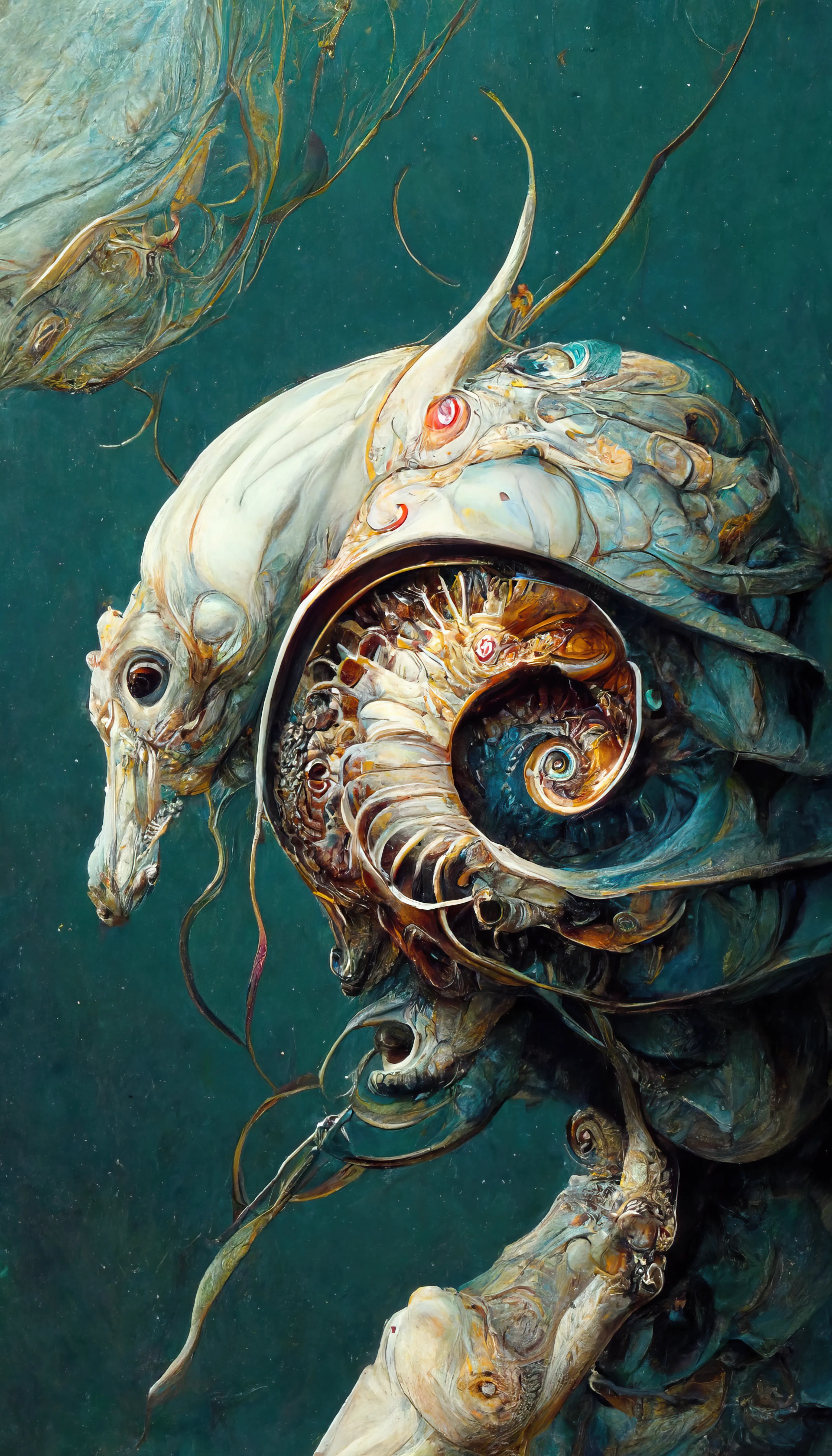 The Pilgrim Seahorse, veins of black, blood of gold – was the prime game hundreds of hunters paid with their lives for chasing. Every five years, as the hot season was melting the frozen lakes, Pilgrim hunters from all around the galaxy would swarm Endor, an Earth-like planet in a densely populated solar system with twenty-six other planets orbiting Barnard's Star, a red dwarf about six light-years from Earth in the constellation of Ophiuchus. 

Living miles below the lake surface, the elusive Pilgrim’s majestic bodies could bend in half, and twist into a spiral made up of overlapping plates covering the fragile precious, soft body. The Pilgrim will then start spinning, gathering speed and within a split second it will dive a few miles deeper into the lake squealing echolocation, warning the rest of its kind – and every large predator around - of the hunter’s intention and exact location. 

I was cautiously stalking the Pilgrim laying around hundreds of SpaceTime loopholes traps, expanding the loops as wide as I can without being sucked into them. I was getting quite close to it and all I needed was to light up the underwater flare, blinding the Pilgrim once it dived into the deep. 

As I reached to my belt to pick up a flare, the Pilgrim turned and for a split second, we stared at each other. 

Hunter and pray – we both froze. 
I have never been that close to a Pilgrim; I could feel the tension in its slowly coiling scales. 

It was a magnificent creature. I froze in awe.