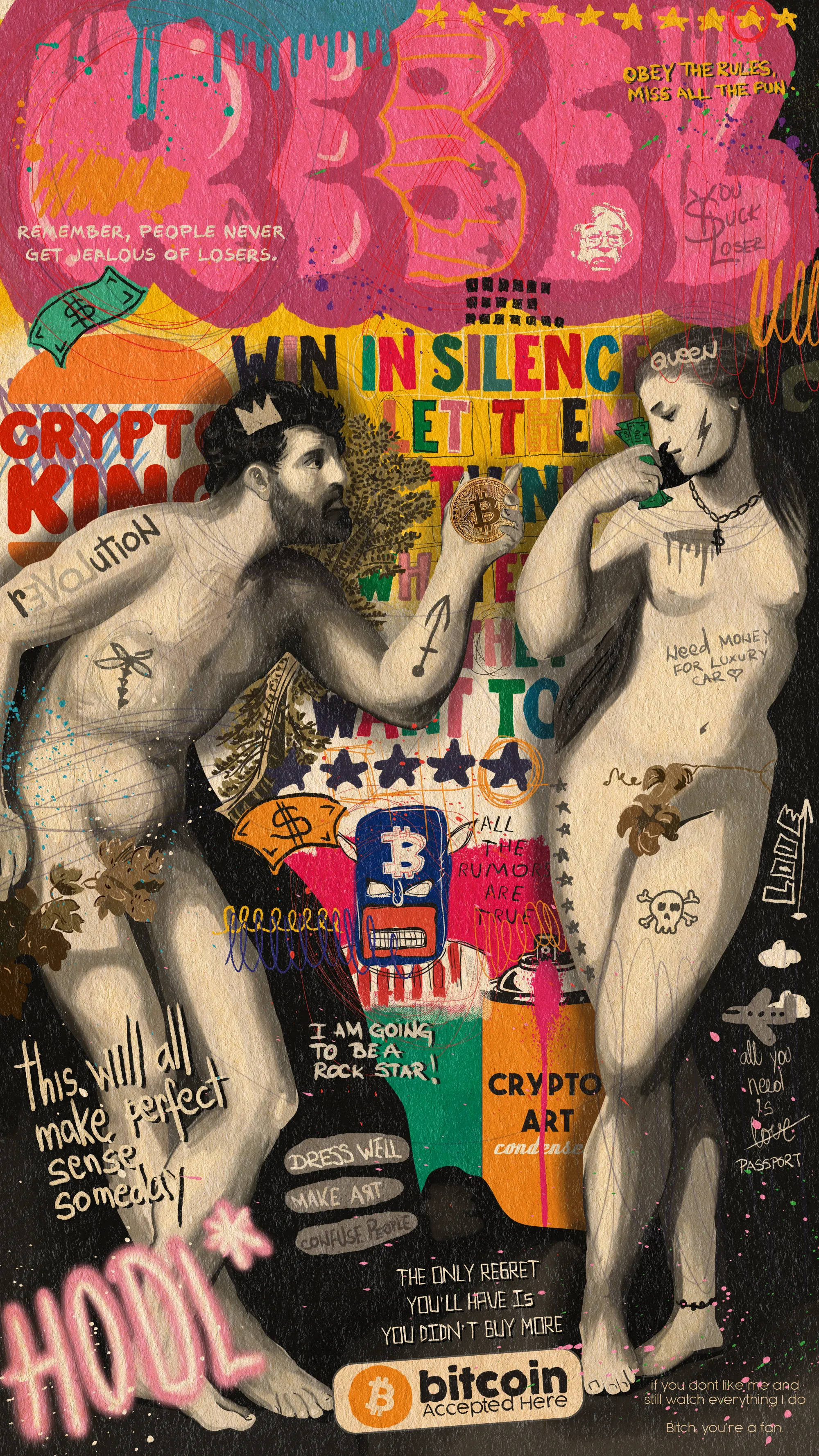 The First Transaction reimagines the timeless Peter Paul Rubens' painting Adam and Eve with Adam's offering as a start of the new era.

Freedom to transact.
Freedom to rebel.
Freedom to hold the future in your hand.

This will all make perfect sense someday.