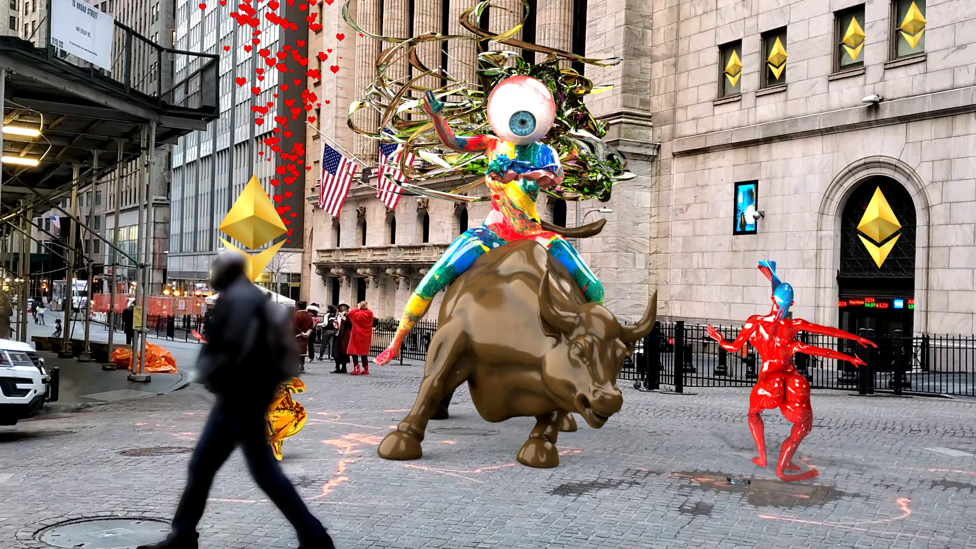 My Genesis #Arthack specifically for Crypto, is staged outside the NY Stock Exchange. This Mixed reality Digital Embodiment explores the nascent new art movement, using my signature glitched style. Can we really make a difference, or it will it be the same old same old? Tis the question. Music by H3SH