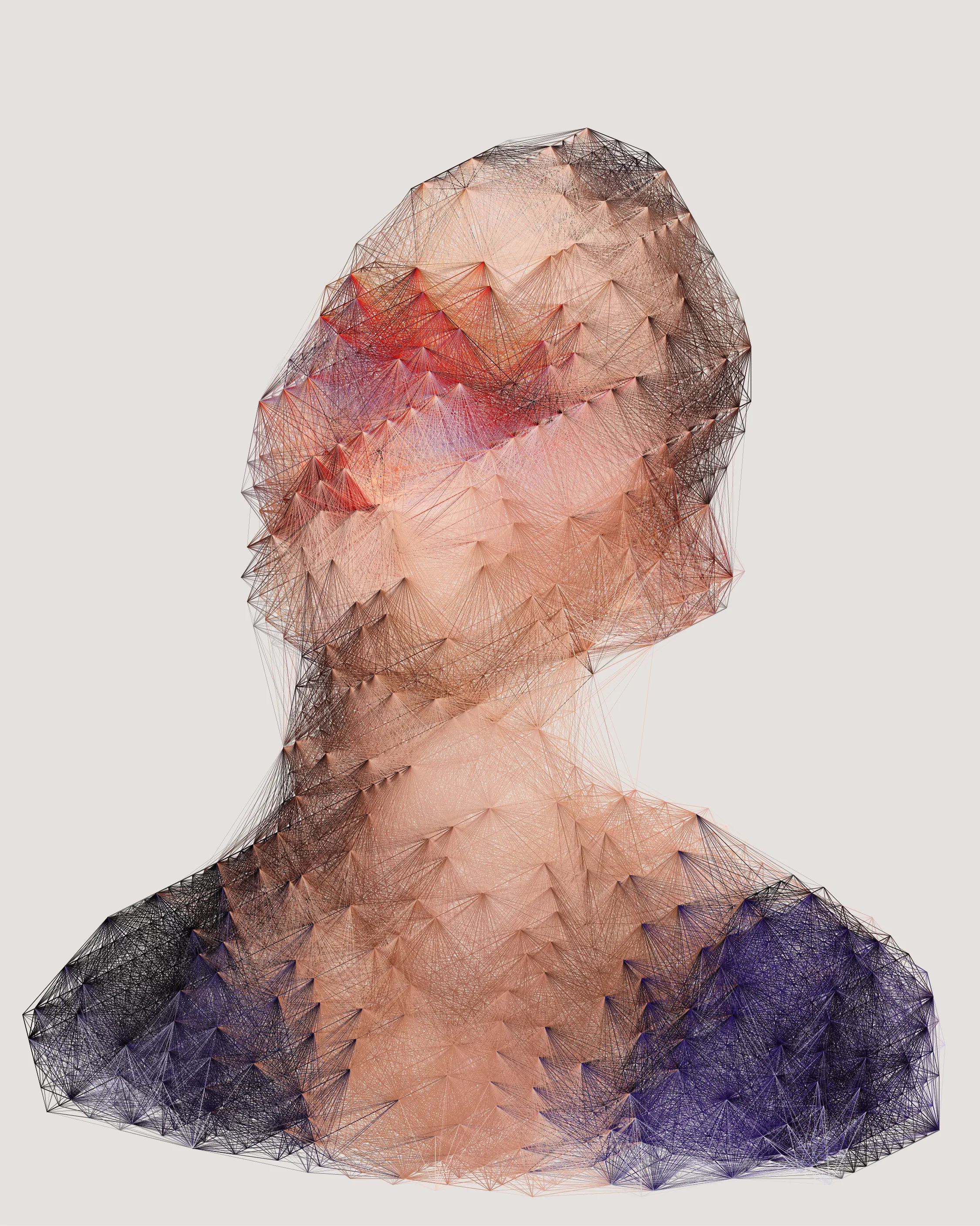 This unique portrait is from the series 'alternatives'. A series of 100 generatively created portraits using Javascript and sourced images. 'alternatives' was first exhibited in a solo show at Kate Vass Galerie in 2019, curated by Jason Bailey.