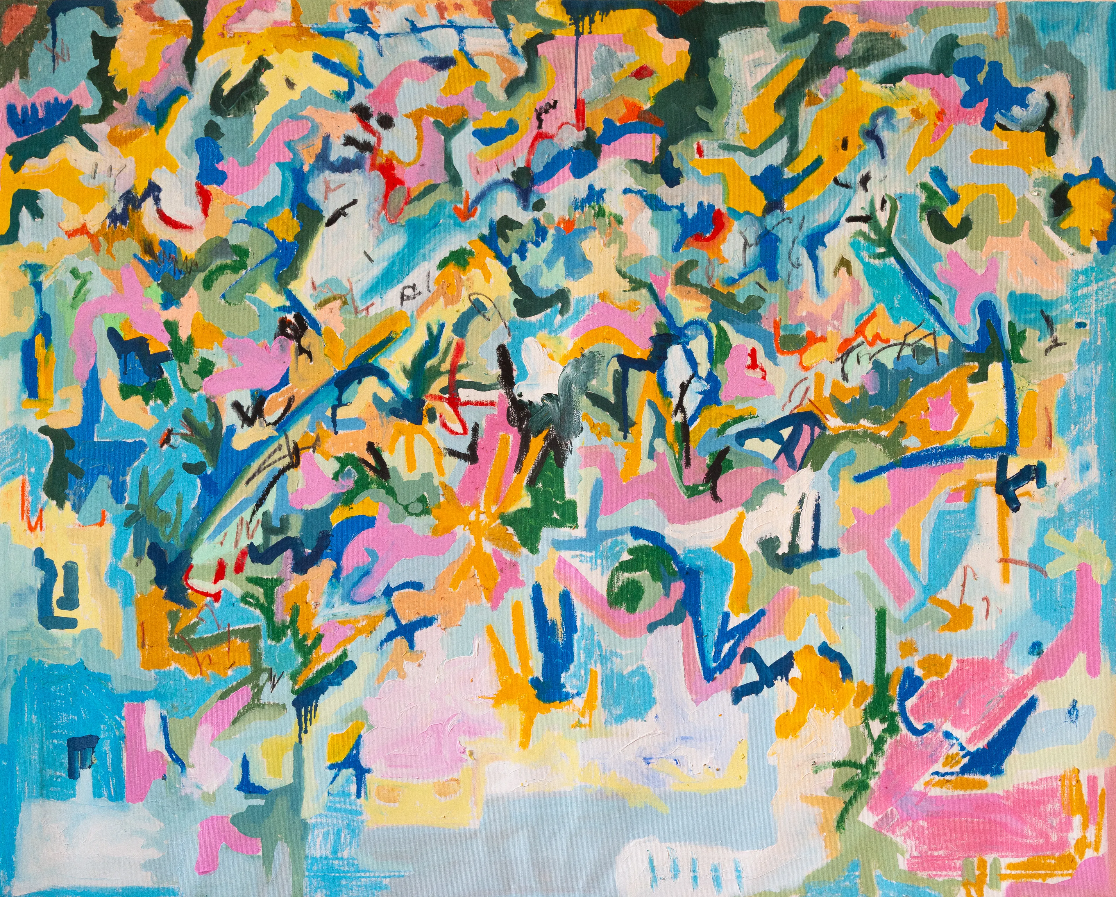 This vibrant abstract composition captures the fluidity of thought and the interplay of memory and emotion. With its lively palette of blues, yellows, pinks, and greens, the painting weaves a dynamic tapestry of movement and spontaneity. The layered brushstrokes and gestural marks evoke a sense of energy and rhythm, while subtle shapes and forms suggest fleeting impressions of nature and lived experiences. "In A Manner of Speaking" invites the viewer to interpret its colorful chaos as a dialogue between the inner world of feelings and the external vibrancy of life.

80x100 cm // approximately 31.5 x 39.37 inches.
Oil paint and oil sticks on canvas.
José Narciso
2024

The first owner of this piece can choose to receive it at home, shipping costs are the buyer's responsibility.