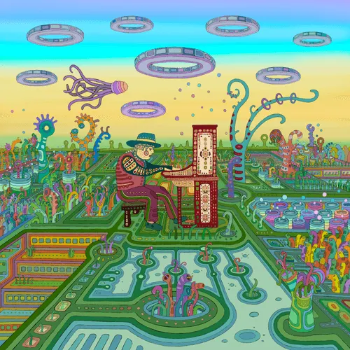 Imagination and memory are so easily confused as they intertwine and weave, melting across dimensions. I invite the viewer to imagine the world i am creating as they would perceive it, in order to gain an external perspective, in search of similar patterns of thought. i want to hear what they experience beyond the parameters of the image, the strange creatures they encounter and what lessons they took away. I believe there is an infinite realm entirely detached from reality, accessible to those who can cleanse their thoughts and pierce the thin veil. Our minds are frequently distorted through the ever expanding bulge of culture and society and I imagine, upon reaching this space through the creative process, there is a sign which paradoxically reads both beginning and end; the point in which the work is completed, the proverbial boat sets out to sea, the depths of which are both sublime and limitless. In this piece ‘Biomorphic Blues’ I have heard the pianist perform a thousand silent songs of madness, activating and illuminating the mental landscape into existence.