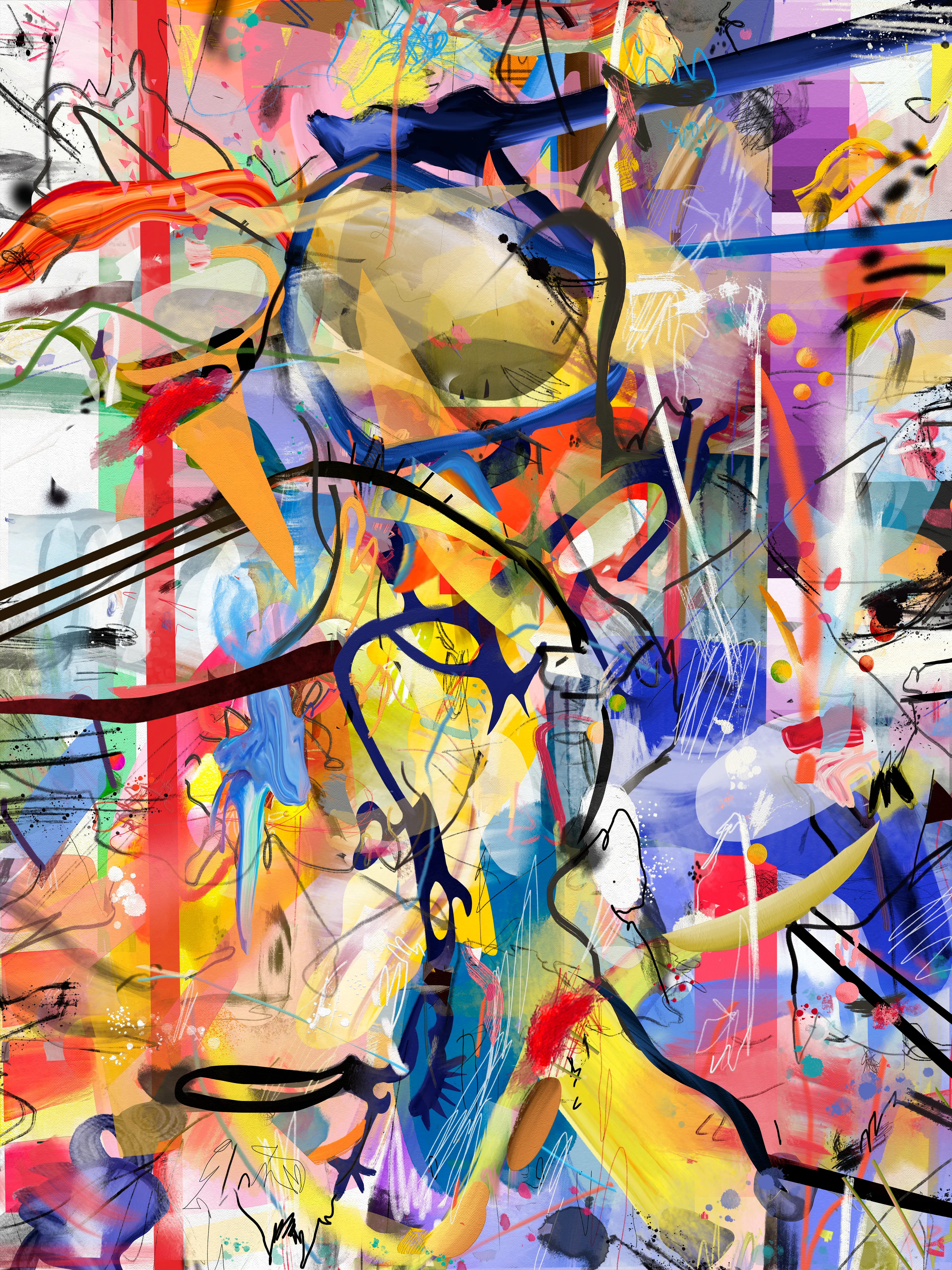 4500 x 6000 px 300 DPI
This painting was made with part of my physical paintings merged with digital art in a Photoshop file. This painting took time to be done, there were a lot of decisions to make until each shape found its own place, its unique color and path. I worked in a large file with almost 100 layers. By changing layer and blending modes my goal was to achieve a sense of depth by changing opacity percentages, creating superpositions and combining several elements, drawing lines and brushstrokes in a unique composition. The result was a very peculiar surrealistic landscape where saturated colors lead us to impossible places.

In my painting I study possible behaviours and human conditions like madness, illness and death. I depict them as wonderful states or places, showing the beauty beyond any situation.
I image these conditions as if they were wonderful places that can be visited in dreams, places where we have never been before, where everything is possible.  
