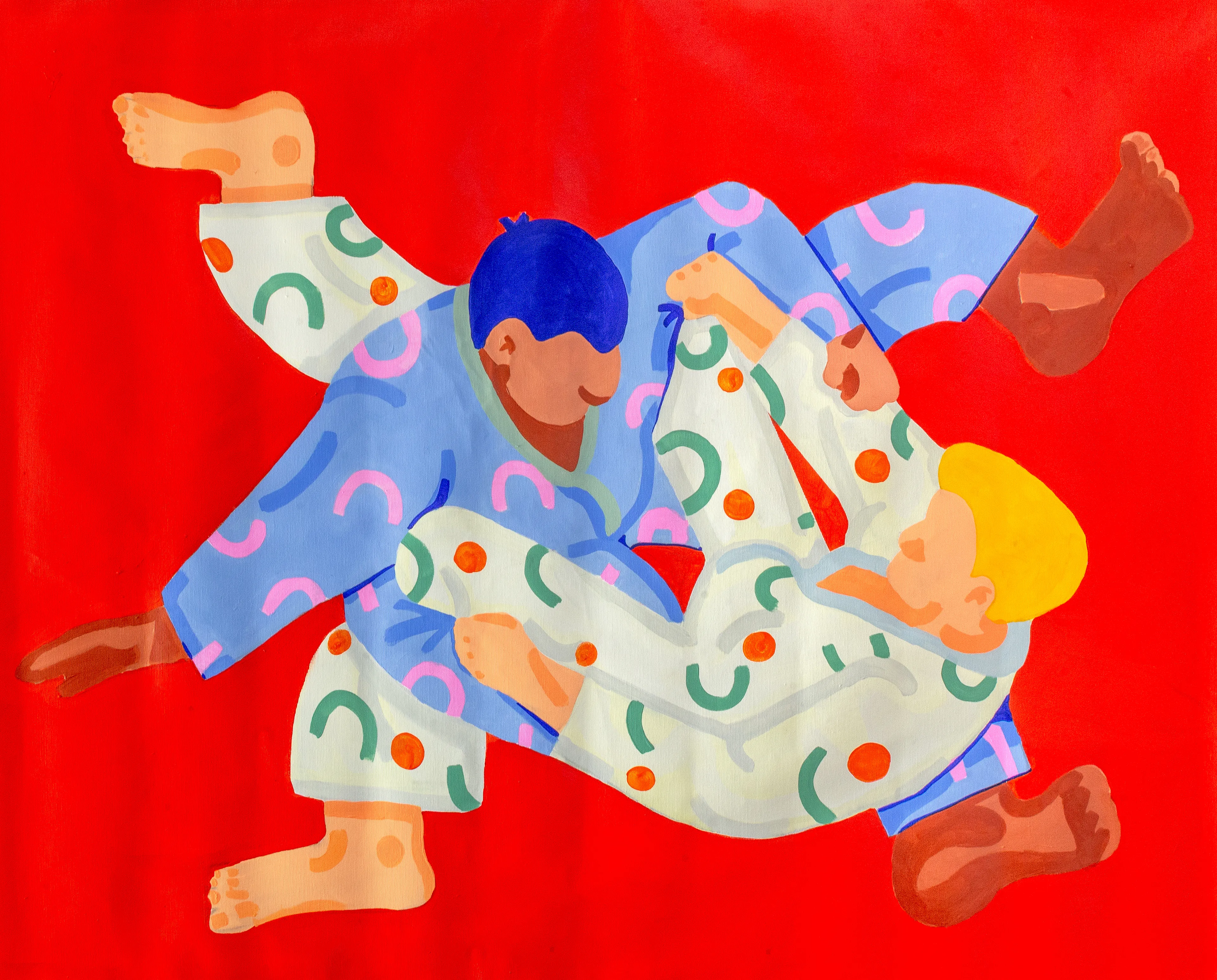 Half Confusion Half Americana captures a vibrant, kinetic moment suspended in the chaos and choreography of a Jiu-Jitsu match. Two figures, locked in a fluid and ambiguous embrace, wear patterned jiu-jitsu uniforms that blend nostalgic Americana with a playful, almost childlike visual code — polka dots, pastel curves, and bold contrasts. The electric red background flattens depth, heightening the theatricality and emotional immediacy of the scene.

The first collector of this piece will receive the original physical painting. Shipping costs are the buyer’s responsibility.
Size: 80 × 100 cm (31.5 × 39.4 in)