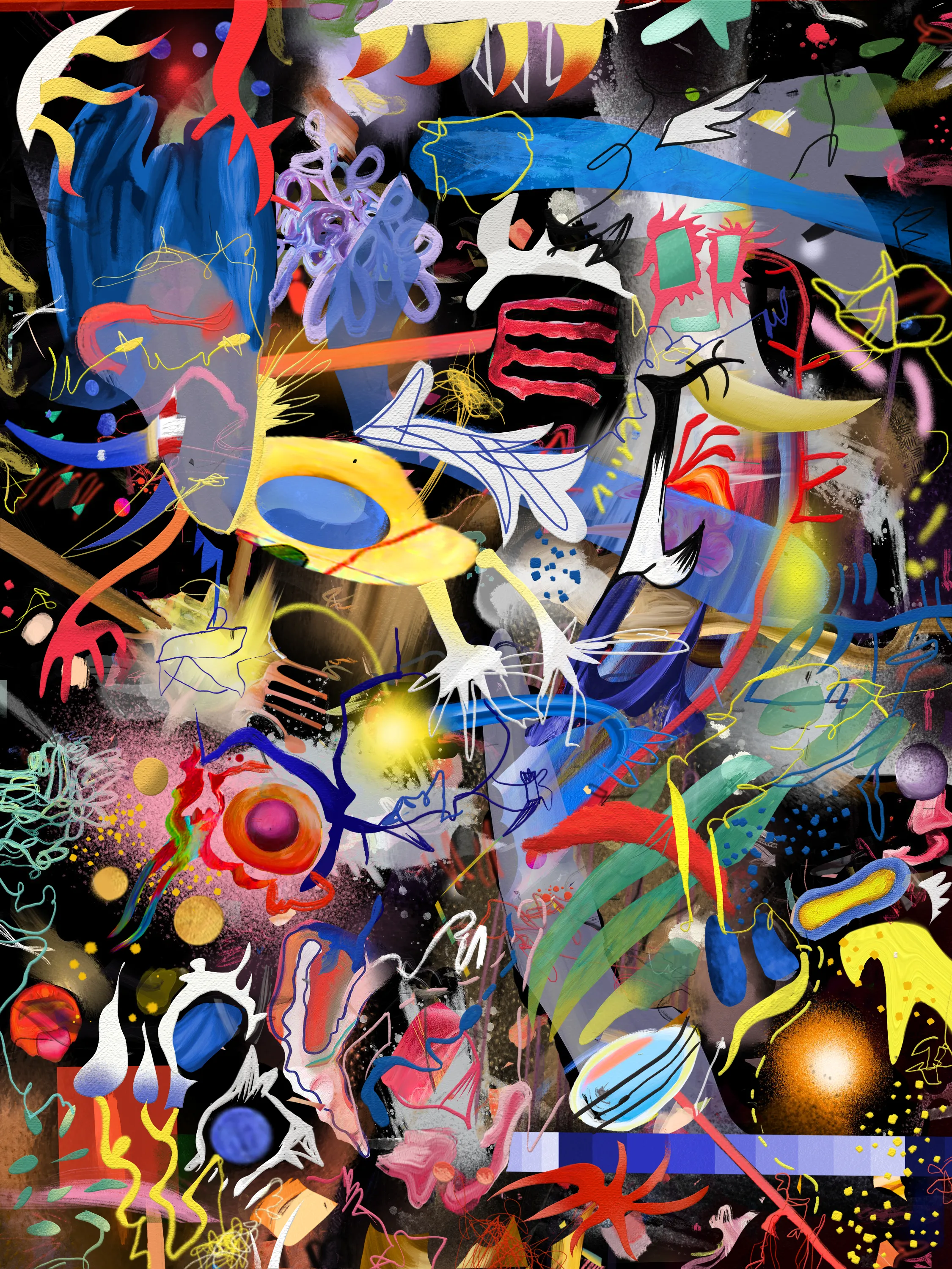 This painting is inspired by the night and everything hidden in the dark, everything that happens when everybody sleeps.
 It's the first series of paintings where abstraction and figuration meets presenting us a  new and unexpected world where everything is posible as long as we wish it.