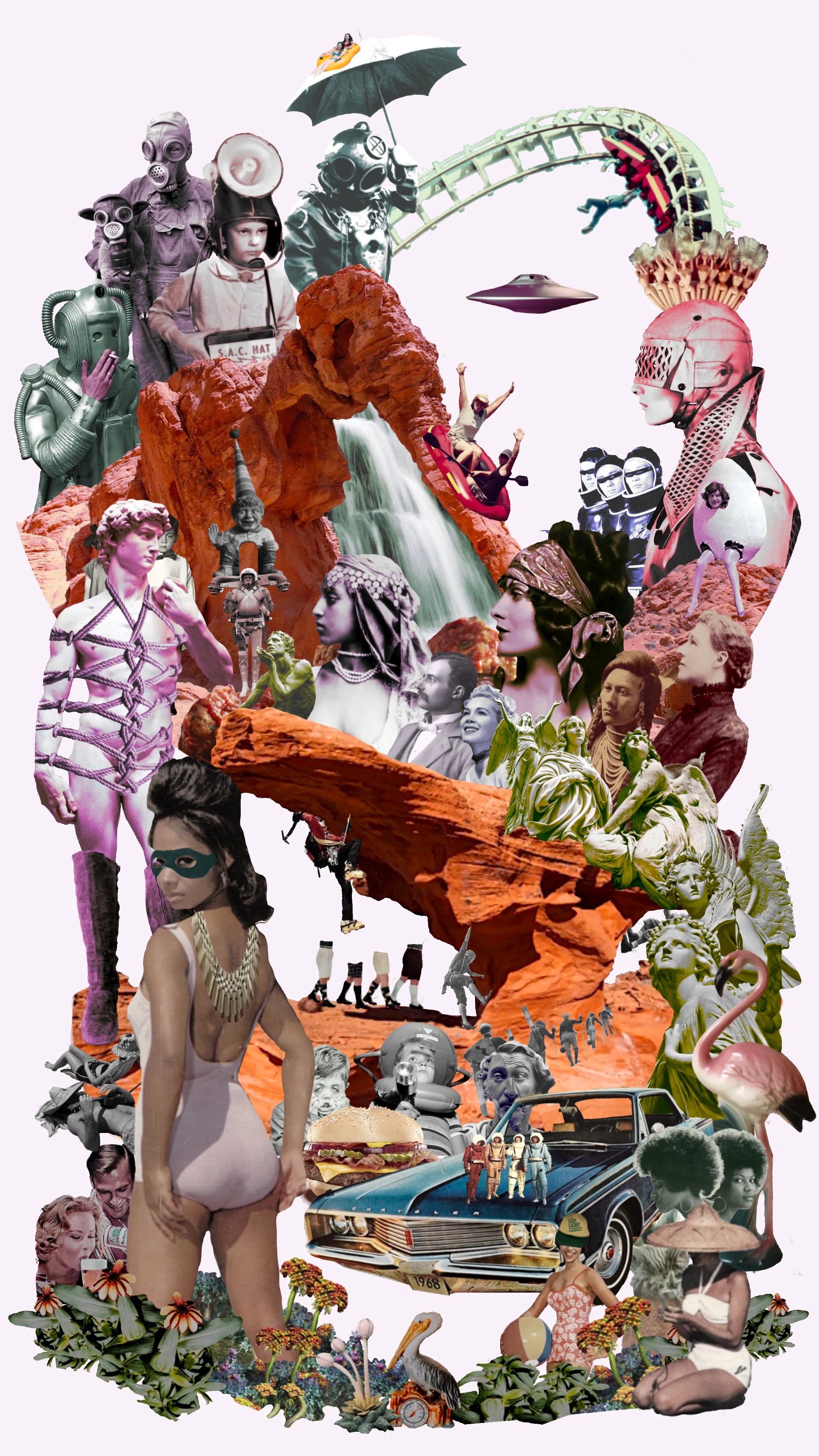 “Tomorrow is Yesterday"
Rebecca Rose 
Digital Collage
1/1
2021
XXIII

Dimensions: 3840 x 2160

“Tomorrow is Yesterday” is here to take you on a surrealistic ride through the future envisioned by the past. Which excursion will you experience? You’ll be beamed down from flying saucers in a veritable playland of weirdness and relaxation. After you adapt to the unearthly, interplanetary setting you’ll breathe easy knowing you’re in a place that allows you to be your unabashed natural self, because we’re all friends here. Embrace it. Enjoy it.

My works are digital collages heavily influenced by vintage visions of the past. Breathing new life and thrusting them with retroactive effect and force into our present day. Turning concepts from long ago into fresh visuals, and bygone icons into modernized scenes reminiscent of science fiction locations from another era. A lingering taste of what once was, and what could still be. 

This piece exhibited as a single plane hologram in a 7 foot PORTL hologram unit at the B00N1LAND NFT.NYC party. The piece is compatible and optimized for a PORTL Hologram unit as well as traditional digital displays. The work is accompanied by additional certification on the ethereum blockchain through Verisart.

American Artist Rebecca Rose is an award winning sculptor, painter, and hologram creator whose body of work has been awarded multiple artist grants co-sponsored by The Robert Rauschenberg Foundation, The Andy Warhol Foundation, The Willem de Kooning Foundation, The Andrew Mellon Foundation, The Joan Mitchell Foundation, and Bloomberg Philanthropic. 
