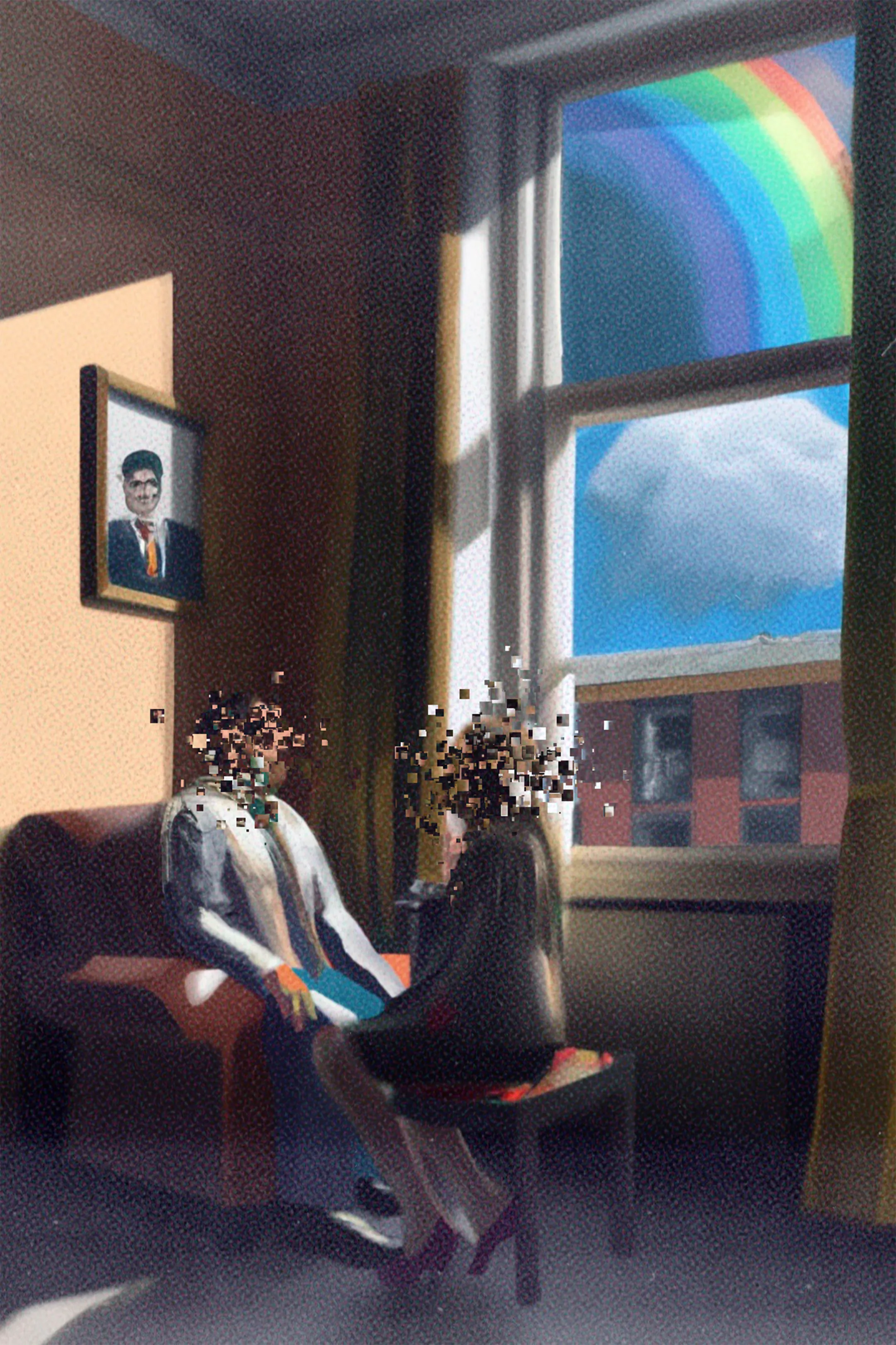 dissonance in conversation, we were once altogether and now we are fragmented. we can venture outside of this space, outside there are rainbows.  will you go your way and i'll go mine?  

-

ai + photoshop + corruption.  