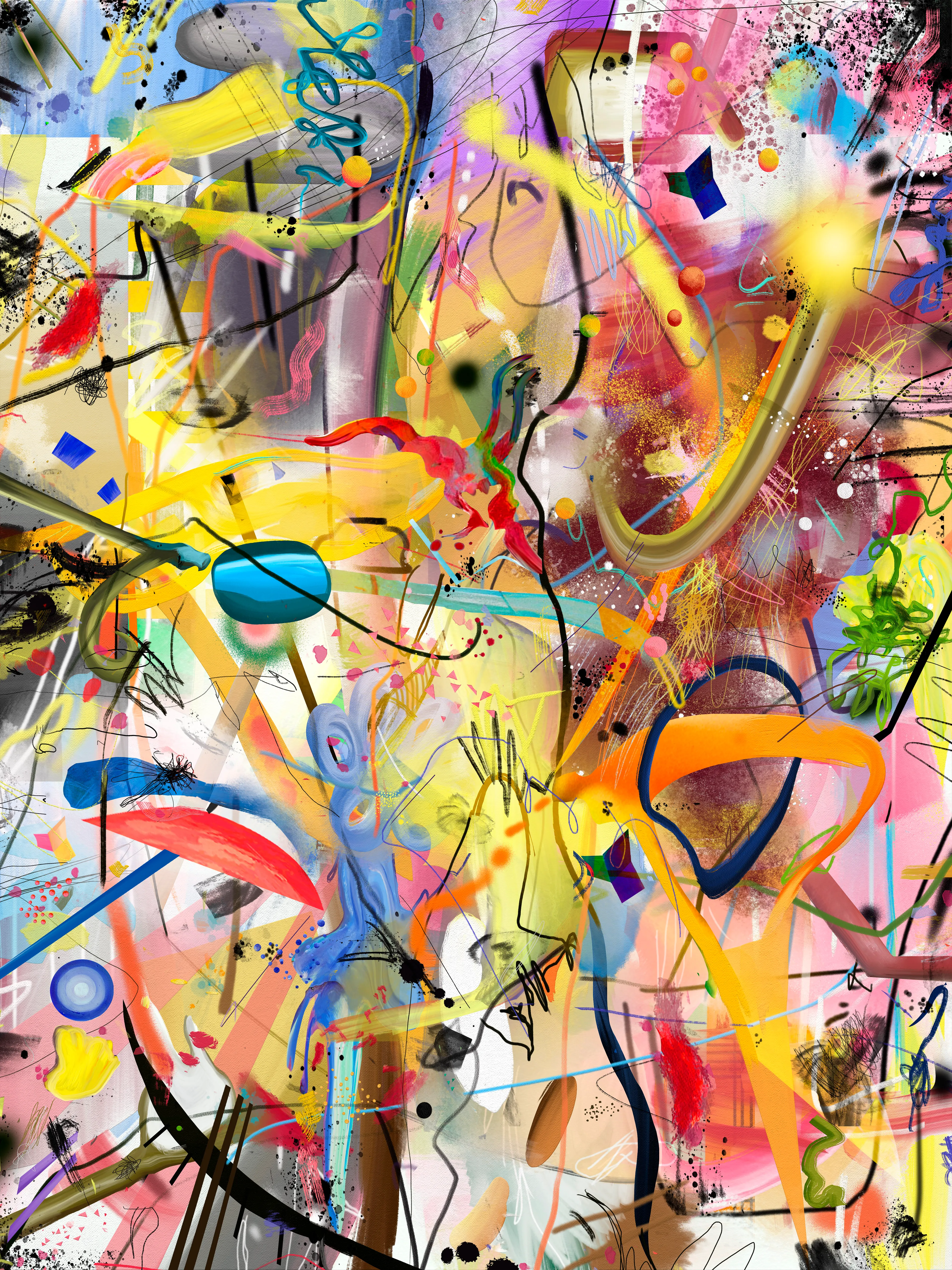 4500 x 6000 px 300 DPI
This painting was made with part of my physical paintings merged with digital art in a Photoshop file. This painting took time to be done, there were a lot of decisions to make until each shape found its own place, its unique color and path. I worked in a large file with almost 100 layers. By changing layer and blending modes my goal was to achieve a sense of depth by changing opacity percentages, creating superpositions and combining several elements, drawing lines and brushstrokes in a unique composition. The result was a very peculiar surrealistic landscape where saturated colors lead us to impossible places.

In my painting I study possible behaviours and human conditions like madness, illness and death. I depict them as wonderful states or places, showing the beauty beyond any situation.
I image these conditions as if they were wonderful places that can be visited in dreams, places where we have never been before, where everything is possible.  