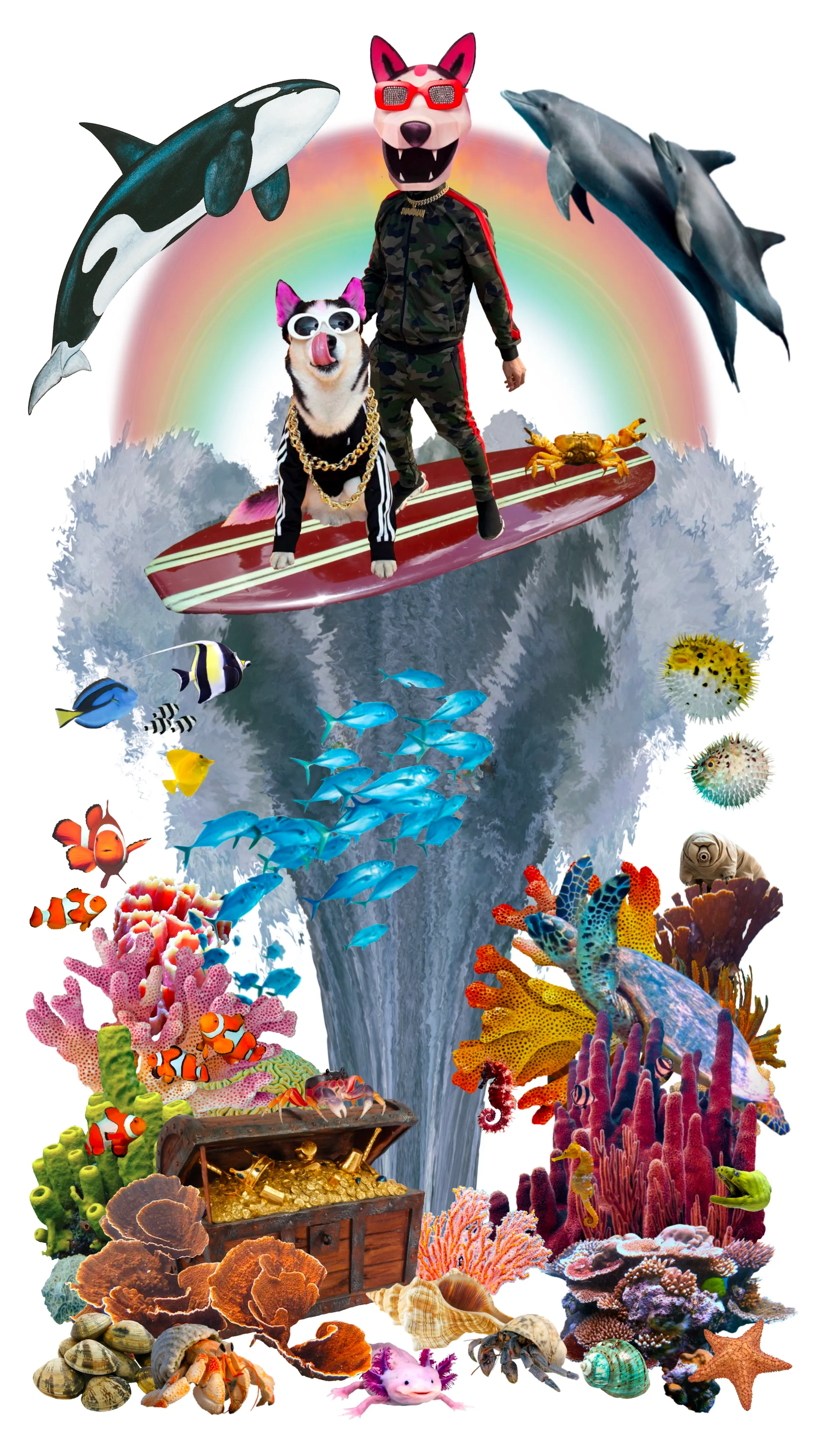 "Pacifica: Alpha Quadrant"
Rebecca Rose ft. Swaggy Wolfdog & DJ Swagrman
Digital Collage
1/1
2021
XXII

Dimensions: 2160 x 3840

"Pacifica: Alpha Quadrant illustrates a playful, healthy co-existence between humans and animals, on land and sea. A symbiotic relationship that should be vibrantly guarded and maintained in order to elongate the lives of endangered oceanic creatures." - Rebecca Rose

"In fluid dynamics, gravity waves are generated in a fluid medium at the interface between two media when the force of gravity or buoyancy tries to restore equilibrium. Much like the new wave of the crypto and NFT space, and we are riding it." - Swaggy Wolfdog & DJ Swagrman

This genesis SuperRare piece was created for Open Earth Foundation's OceanDrop exhibition and auction during Art Basel Miami Beach, and was also exhibited as a single plane hologram in a 7 foot PORTL hologram unit at the SuperRare x Art Republic Art Basel Miami Beach launch party. 100% of the piece's primary proceeds will be donated to the Open Earth Foundation during their auction to contribute to their mission of cleaning up and restoring our precious oceans. The piece is compatible with and optimized for a PORTL Hologram unit as well as traditional digital displays. The work is accompanied by additional certification on the ethereum blockchain through Verisart.

American Artist Rebecca Rose is an award winning sculptor, painter, and hologram creator whose body of work has been awarded multiple artist grats co-sponsored by The Robert Rauschenberg Foundation, The Andy Warhol Foundation, The Willem de Kooning Foundation, The Andrew Mellon Foundation, The Joan Mitchell Foundation, and Bloomberg Philanthropic. 