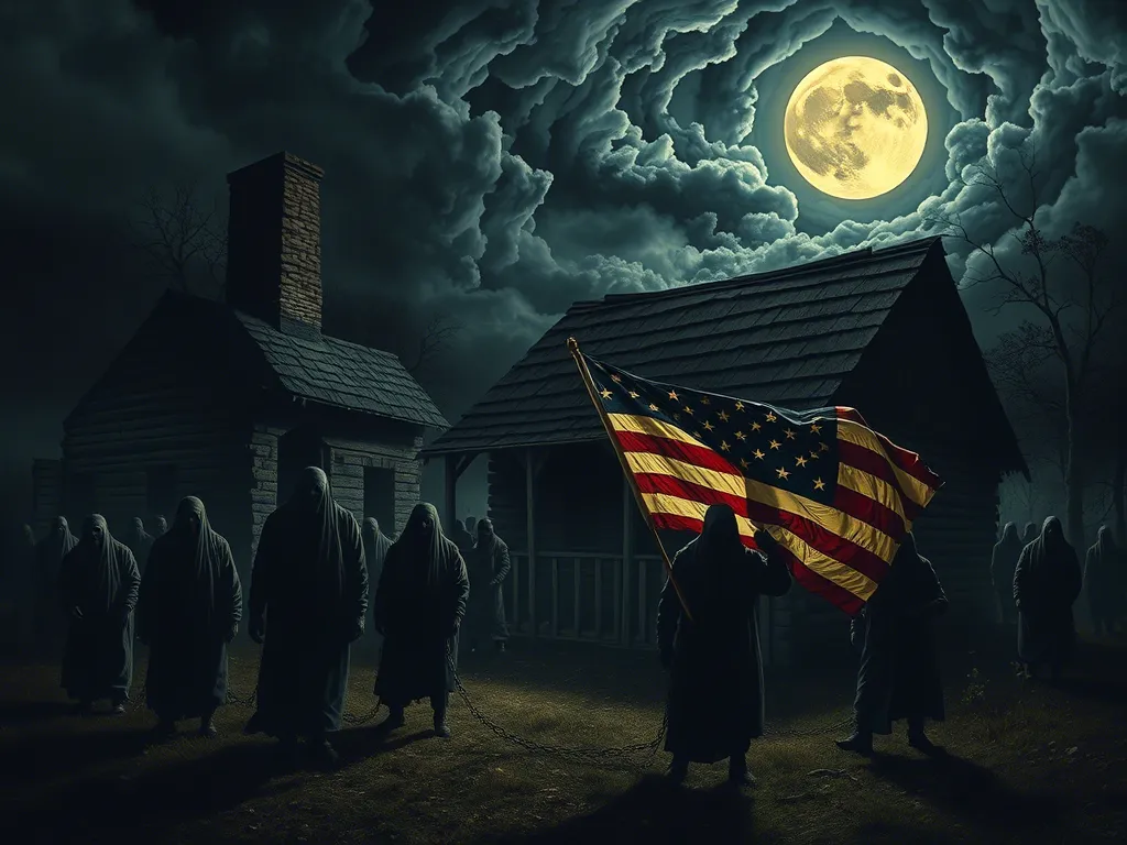 A politically charged not that satirical illustration set in a dystopian 2025 America, blending historical and contemporary elements. 

The scene centers on U.S. Supreme Court Justice Clarence Thomas, depicted as a caricatured figure in his black judicial robes, standing on a cracked marble podium symbolizing the Supreme Court. (not seen here)

Thomas in his black supreme court robe wearing a conflicted expression, holding a gavel in one hand and a luxurious travel suitcase labeled 'Harlan Crow Gifts' in the other, with faint images of private jets and yachts embossed on the suitcase (that you can't actually see). 

Surrounding him are symbolic figures: a shadowy billionaire in a suit (representing Harlan Crow) offering a handful of gold coins, and a larger-than-life Donald Trump caricature with an exaggerated orange complexion, dusted with Cheetos powder, wearing a crown and a red cape, raising a fist in a 'Heil'-like gesture to evoke authoritarianism (also hidden from view). 

In the background, show a split scene: on one side, a dark, oppressive El Salvador prison with silhouettes of detained migrants, symbolizing human rights abuses under the 2022 state of emergency, with faint ghostly figures to represent forced disappearances (nevermind the bodies and the blood in the courtyard, nor the mass graves); on the other side, a protest in Caracas, Venezuela, on March 18, 2025, with a woman holding a sign reading 'Stop Deportations!' referencing Trump’s use of the Alien Enemies Act to deport Venezuelans. 

Overlay the scene with a faint, tattered American flag and the text 'Uncle Tom’s Legacy' in a distressed font, tying Thomas’ conservative rulings to the broader critique of enabling authoritarian harm. Use a dark, dramatic color palette with sharp contrasts, blending surreal and hyper-realistic elements to amplify the satirical tone. And add a full moon, because all the darkness will have to eventually come into light. And Bukele and Trump, Elon, Thomas, and all these war criminals will have to face judgement, whether here or elsewhere. Better here than in a torture camp, but you get my point.

