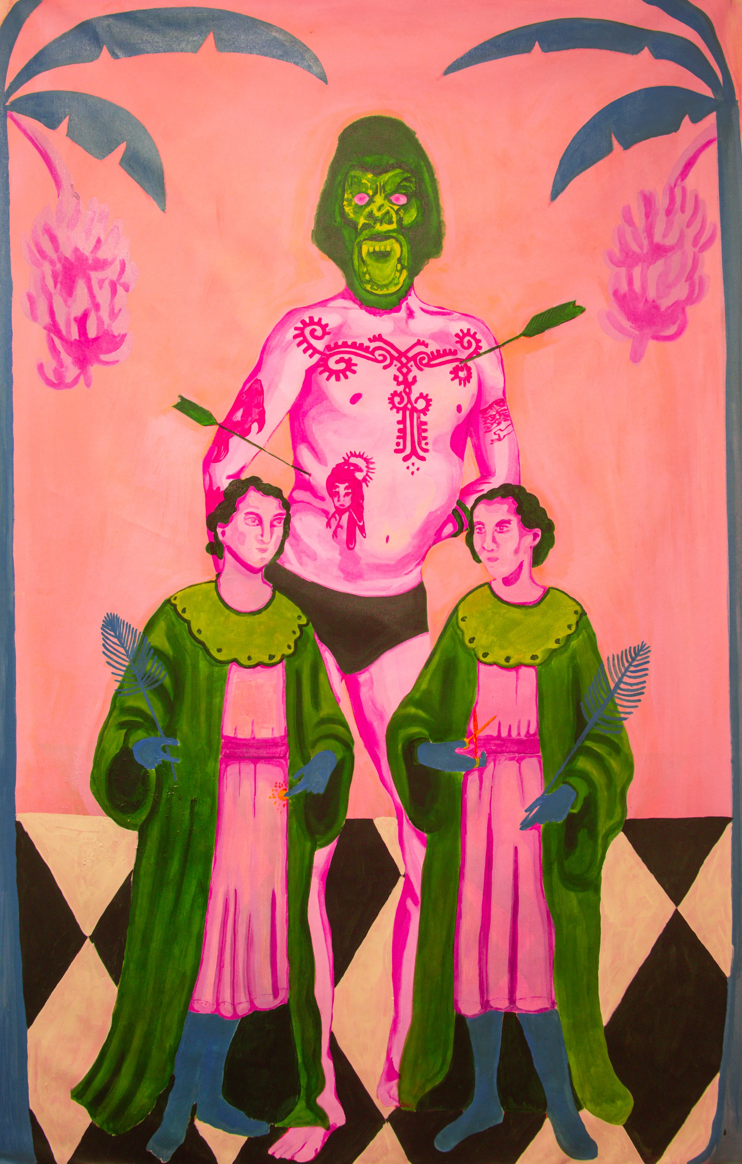 <pre class="ql-syntax" spellcheck="false">At the center of my striking acrylic painting, you'll find a figure adorned with intricate tribal tattoos, symbolizing the journey of self-discovery and resilience. Two arrows cross behind them, representing direction and purpose in the face of life’s challenges.

In the foreground, the iconic figures of Cosme and Damião evoke a sense of protection and faith. Their presence serves as a reminder of the importance of believing in something greater, even when times are tough. Surrounding this serene scene are two lush banana trees, their vibrant leaves swaying gently, symbolizing growth and renewal in the midst of adversity.


This artwork encapsulates my belief that painting oneself is not just a form of expression, but a transformative process that allows us to see problems from a new perspective. By externalizing inner struggles through art, we can confront and reframe our challenges, finding beauty and strength in our stories.


Ultimately, "Faith and Reflection" invites viewers to embrace their individuality while recognizing the power of faith and community in overcoming life’s obstacles. Through my masterful use of color and form, I hope to remind everyone that art can be a powerful tool for reflection and healing.


1.50 by 1.10 meters
Acrilyc on Canvas
2024
José Narciso

Special Note: The first buyer will receive the canvas at no additional cost.
</pre><p><br></p>