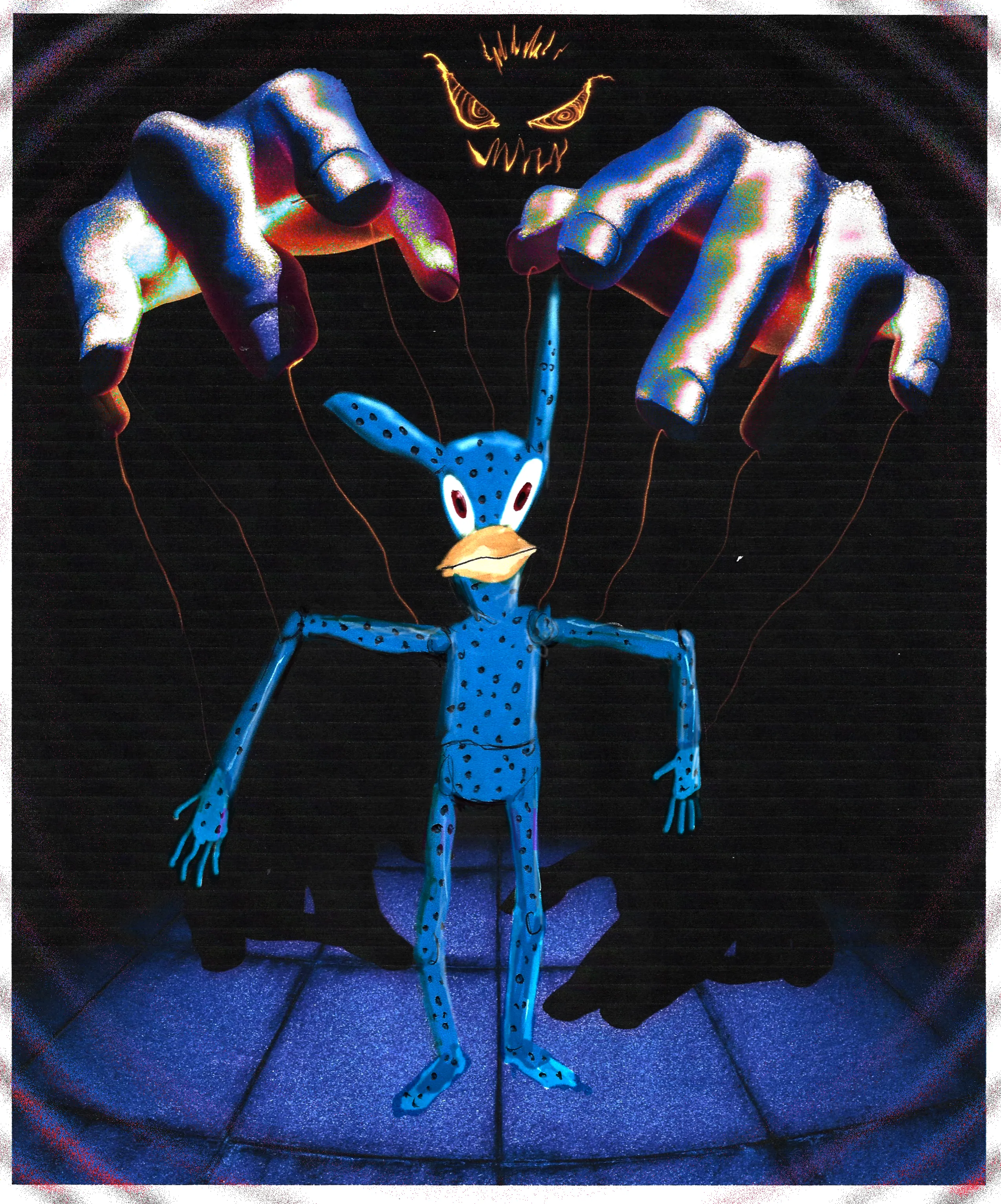 This is a collboration between Argentinian artist Fakito and American artist Aleqth, depicting an ominous and hypnotic scene in which the character Dots is being controlled by its puppet master and creator, Aleqth. The hands and environment, are rendered skillfully by artist Fakito, and the blue and spotted marionette figure drawn digitally AND in an analog fashion by Aleqth. This is the first collaboration between the two artists, and hopefully it is the first of quite a few.