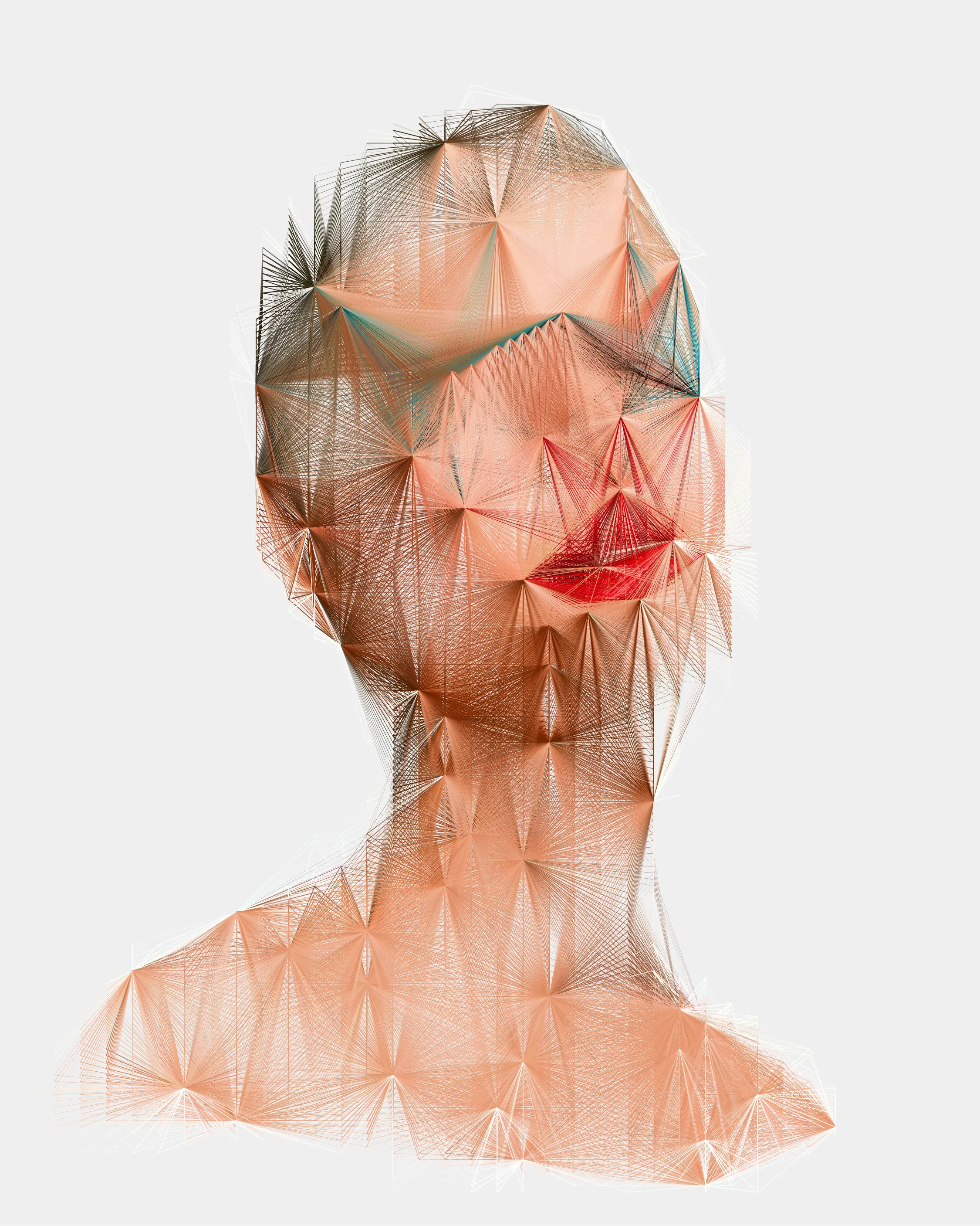 This unique portrait is from the series 'alternatives'. A series of 100 generatively created portraits using Javascript and sourced images. 'alternatives' was first exhibited in a solo show at Kate Vass Galerie in 2019, curated by Jason Bailey.