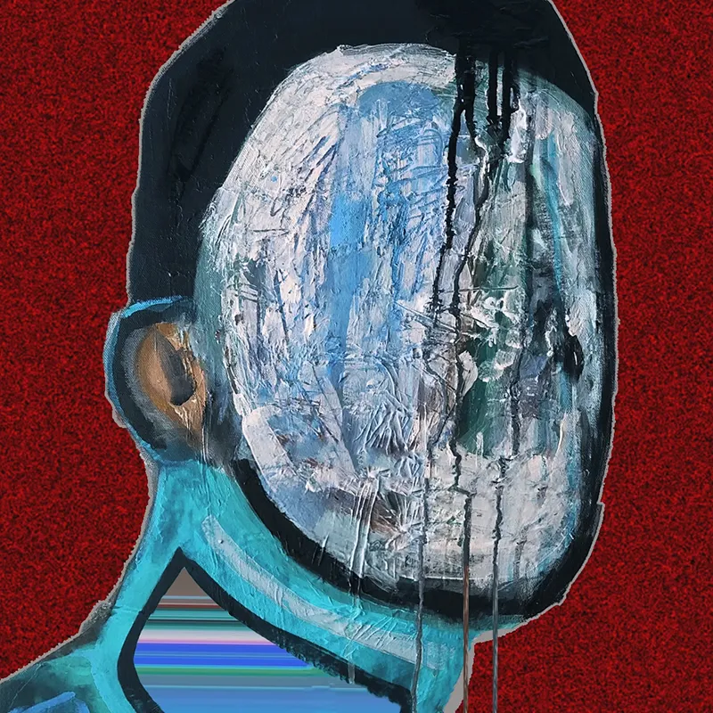 Illusion Progress reveals the tension between inner states of reflection and existence contrasted against the external world. This is emphasised by the glitching screen within the figure’s neck, which suggests their inner world is more lively, energetic, or perhaps even corrupted by the pressures of the exterior space. 
The artist’s hand can be felt through the application of paint on canvas, underlining the human qualities of life and creation whilst addressing their redefined place alongside the digital. The use of colour and texture are in conflict throughout the piece, forcing us to take the place of the figure and to reassess our own relationship between our inner and outer worlds.
Chloe Diamond, curator at Mocda
