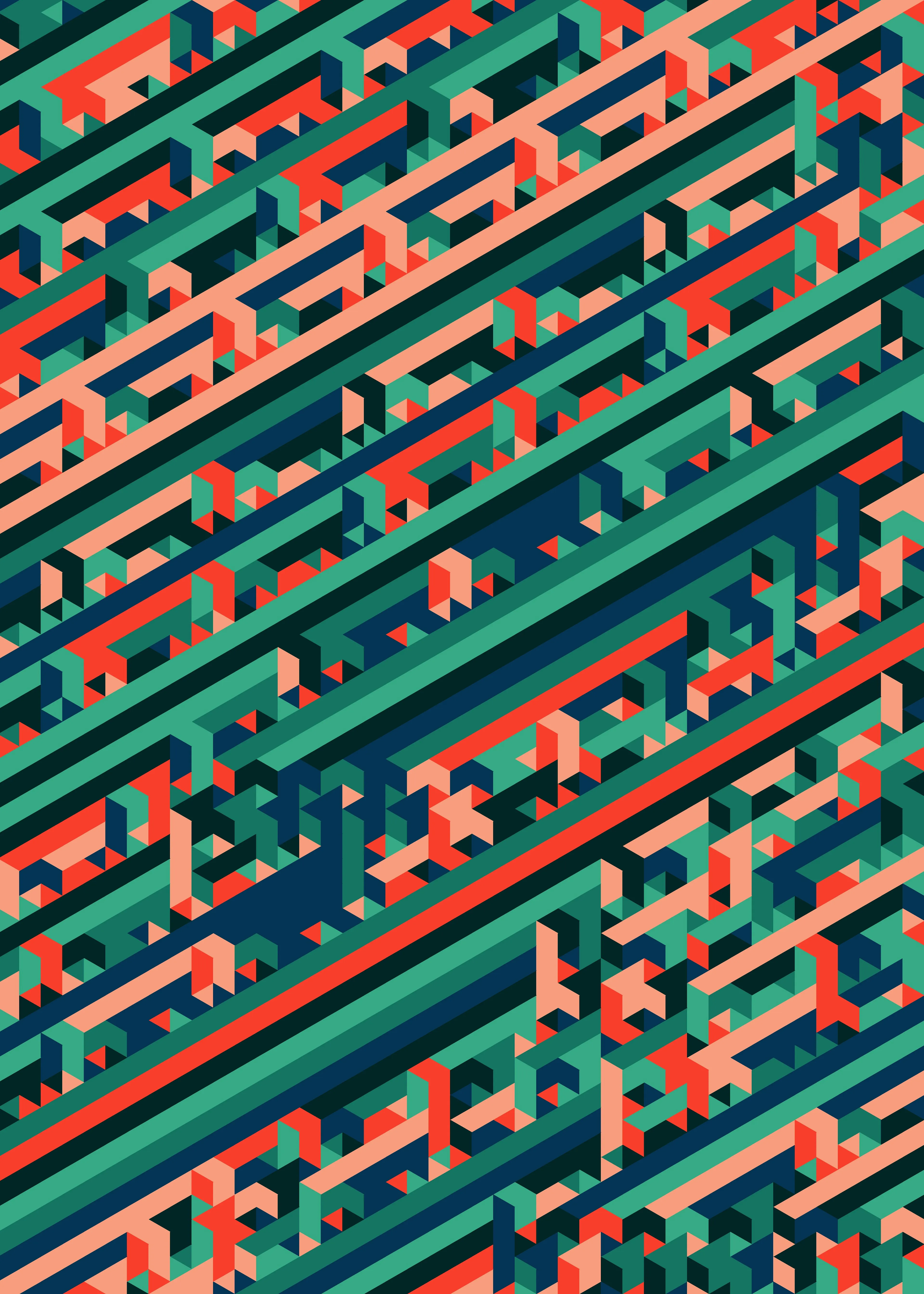 Simple shapes create ambiguous perspectives and repetitious patterns are short-lived.
 \\\\\\\\ 
Bazaar is part of a two-piece set and is generated by a custom cellular automata from rule 171-132-110.