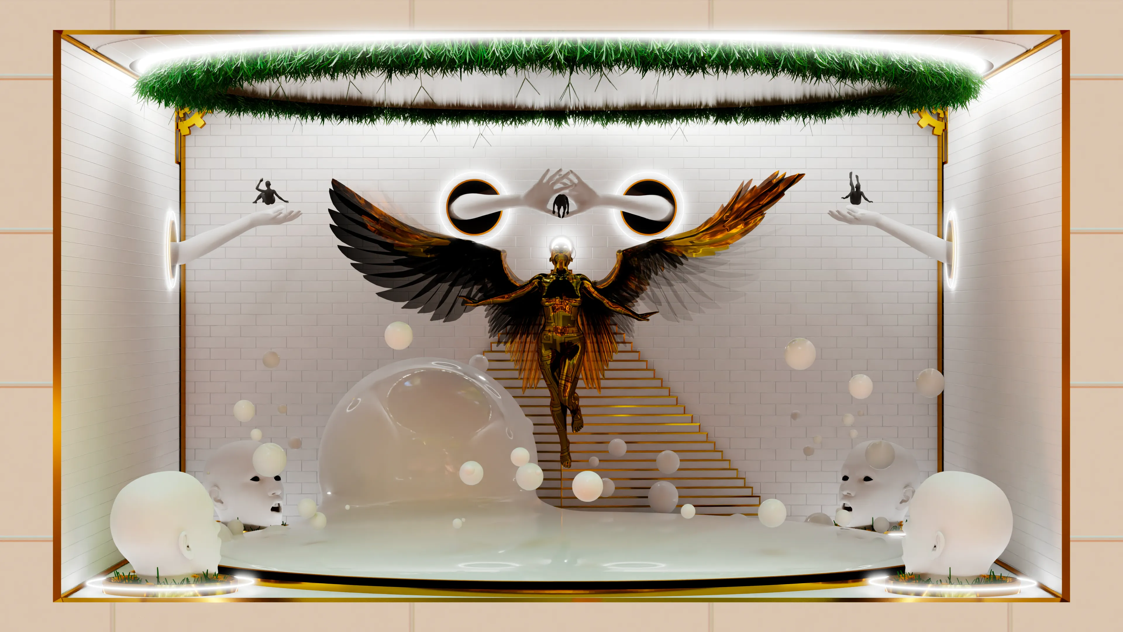 Traipse to the sky 
but golden wings do not ignite.
A beacon of freedom.
Held hostage in ever 
Resplendent Purgatory.

Blender 2.90.1, Cycles Renderer.
3840 x 2160, 150dpi