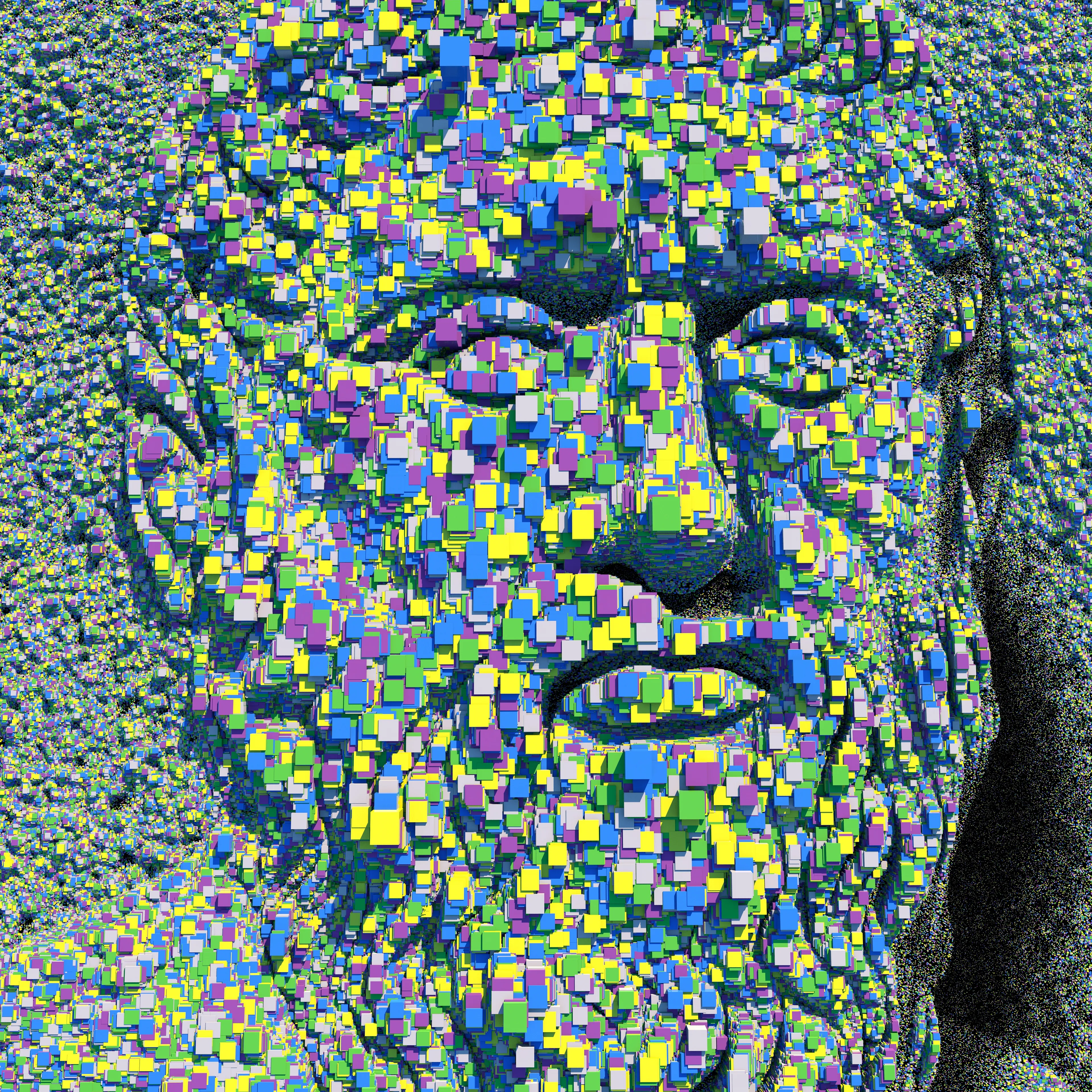 A digital portrayal of Plato, made from exactly one million blocks varying in size and shape.

4000x4000